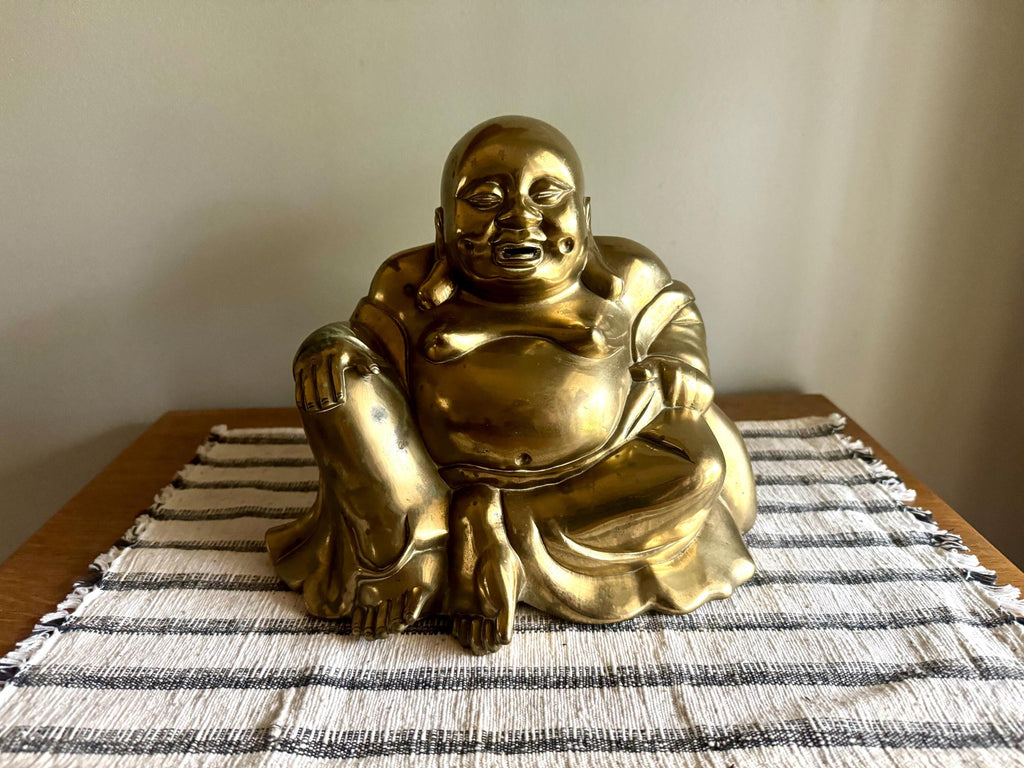 Vtg Large Brass Laughing Buddha | Large Brass Smiling Buddha Statue | Large Brass Buddha Figurine | Chinese Brass Sitting Buddha