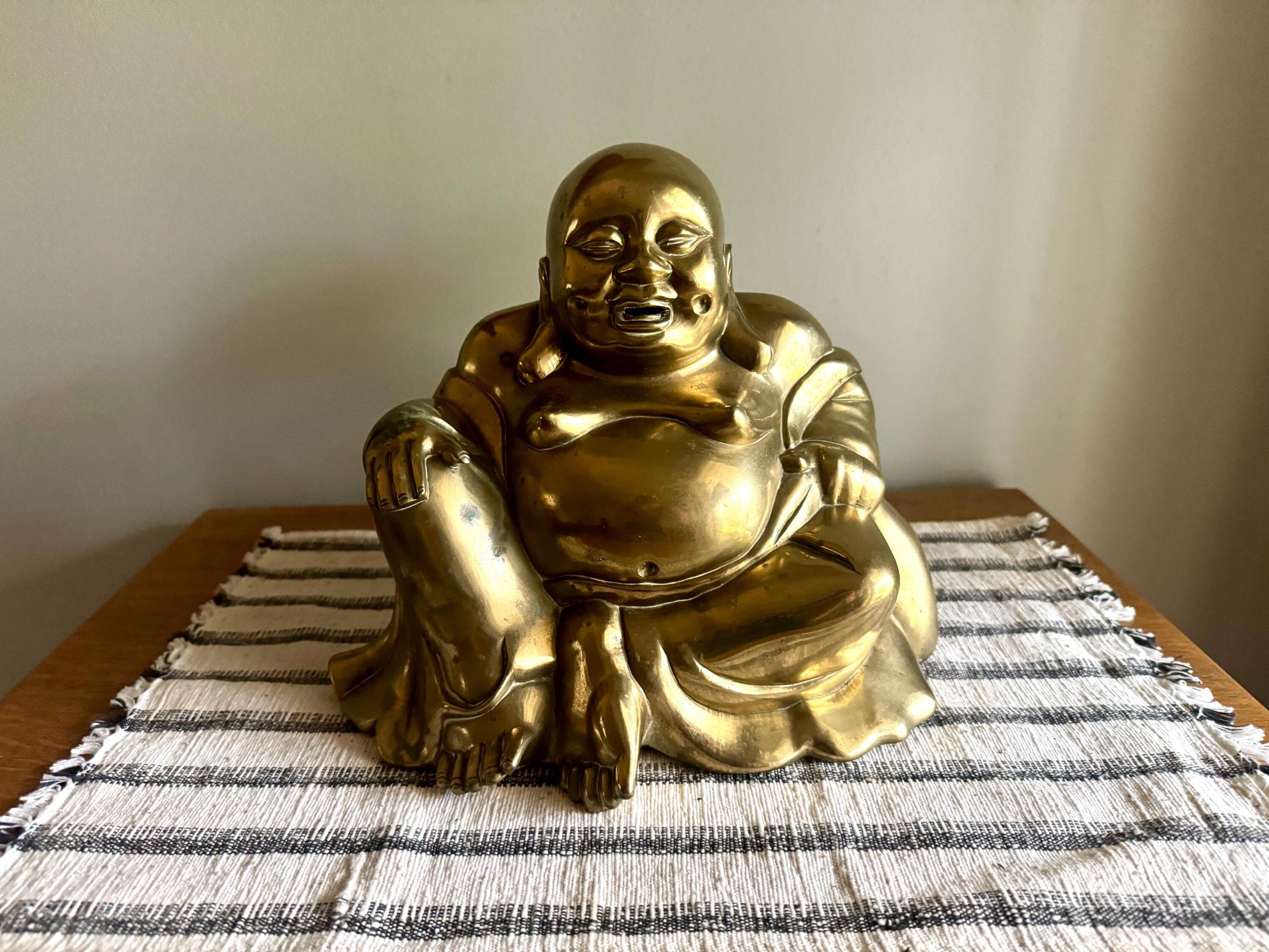 Vtg Large Brass Laughing Buddha | Large Brass Smiling Buddha Statue | Large Brass Buddha Figurine | Chinese Brass Sitting Buddha
