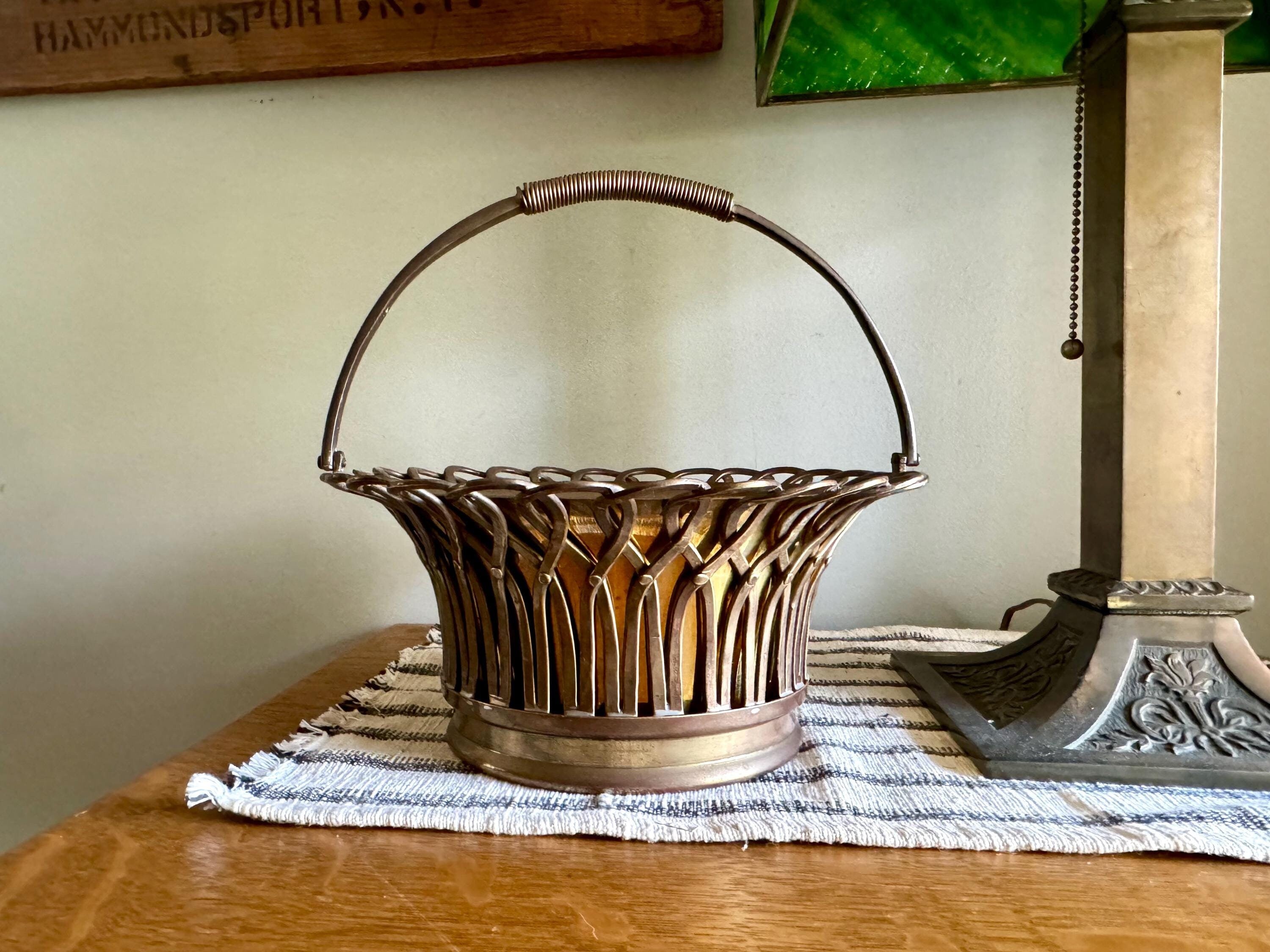 Vtg Woven Brass Mottahedeh Basket | Brass Planter Handled Basket | Solid Brass Basket Planter | Mottohedeh Brass Basket Centerpiece