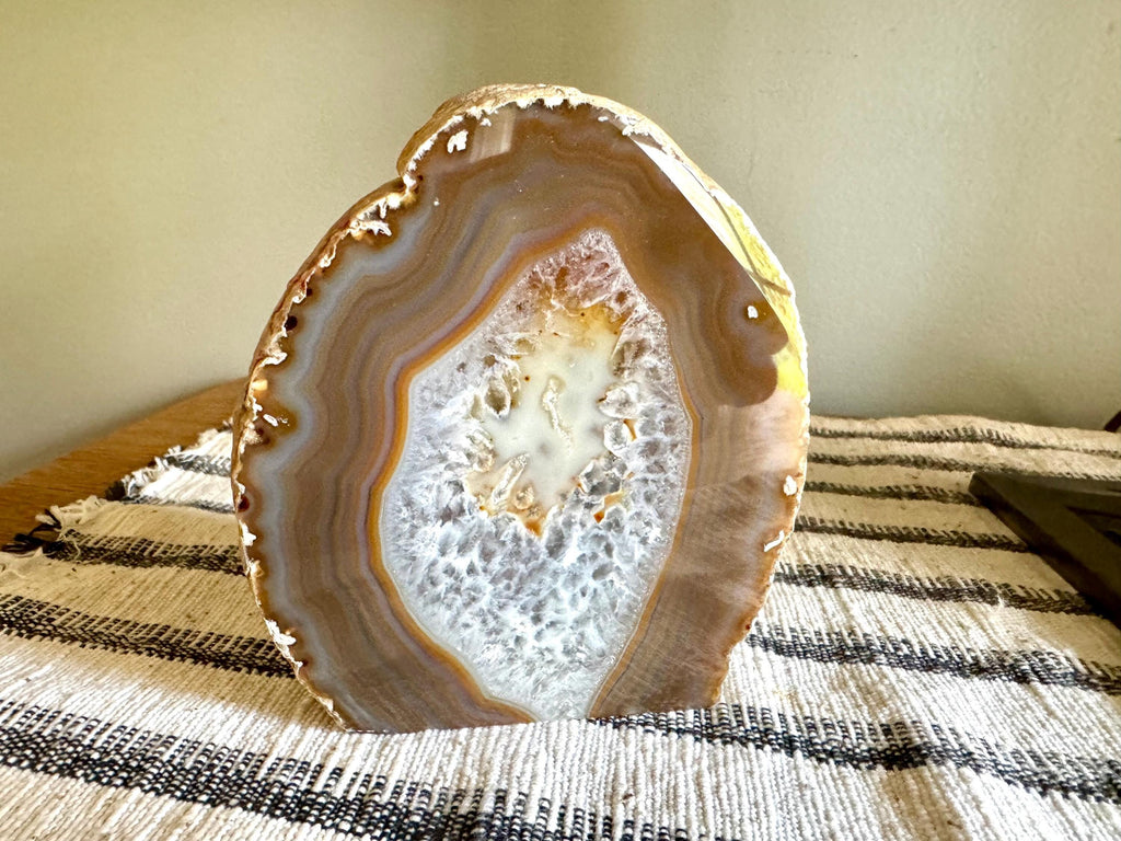 Shade Of Fall Agate Half | Cut Agate Display Piece | Brazilian Agate Desk Decor | Brown Agate Geode | Polished Stone Paper Weight