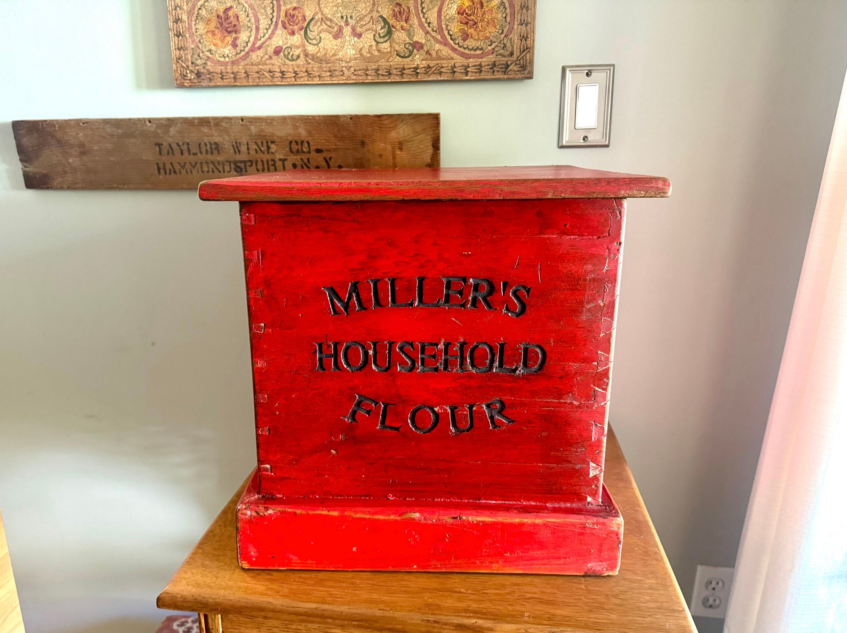 Antique Red Flour Wood Crate | Vintage Rustic Wooden Miller's Household Flour Box | Rustic Red Storage Box | Large Distressed Red Wood Flour Box