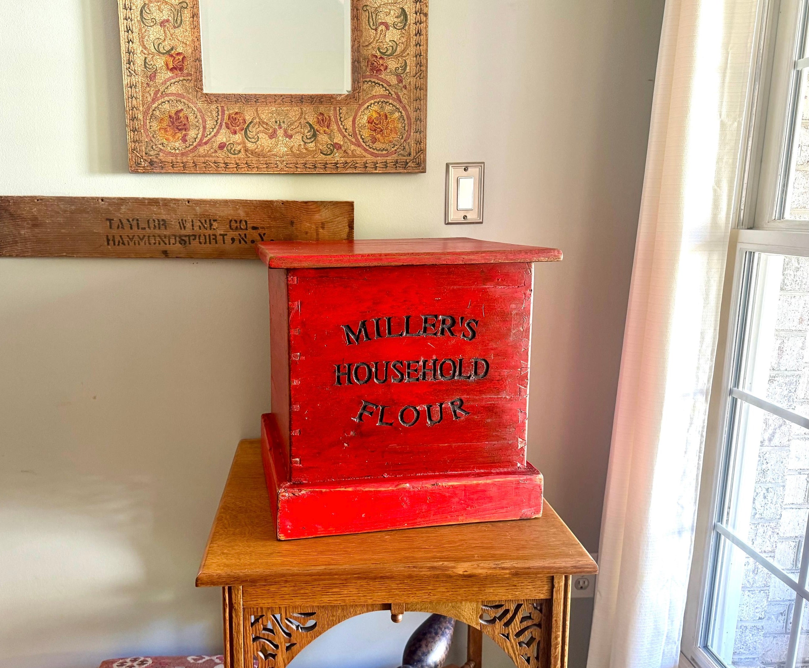 Antique Red Flour Wood Crate | Vintage Rustic Wooden Miller's Household Flour Box | Rustic Red Storage Box | Large Distressed Red Wood Flour Box