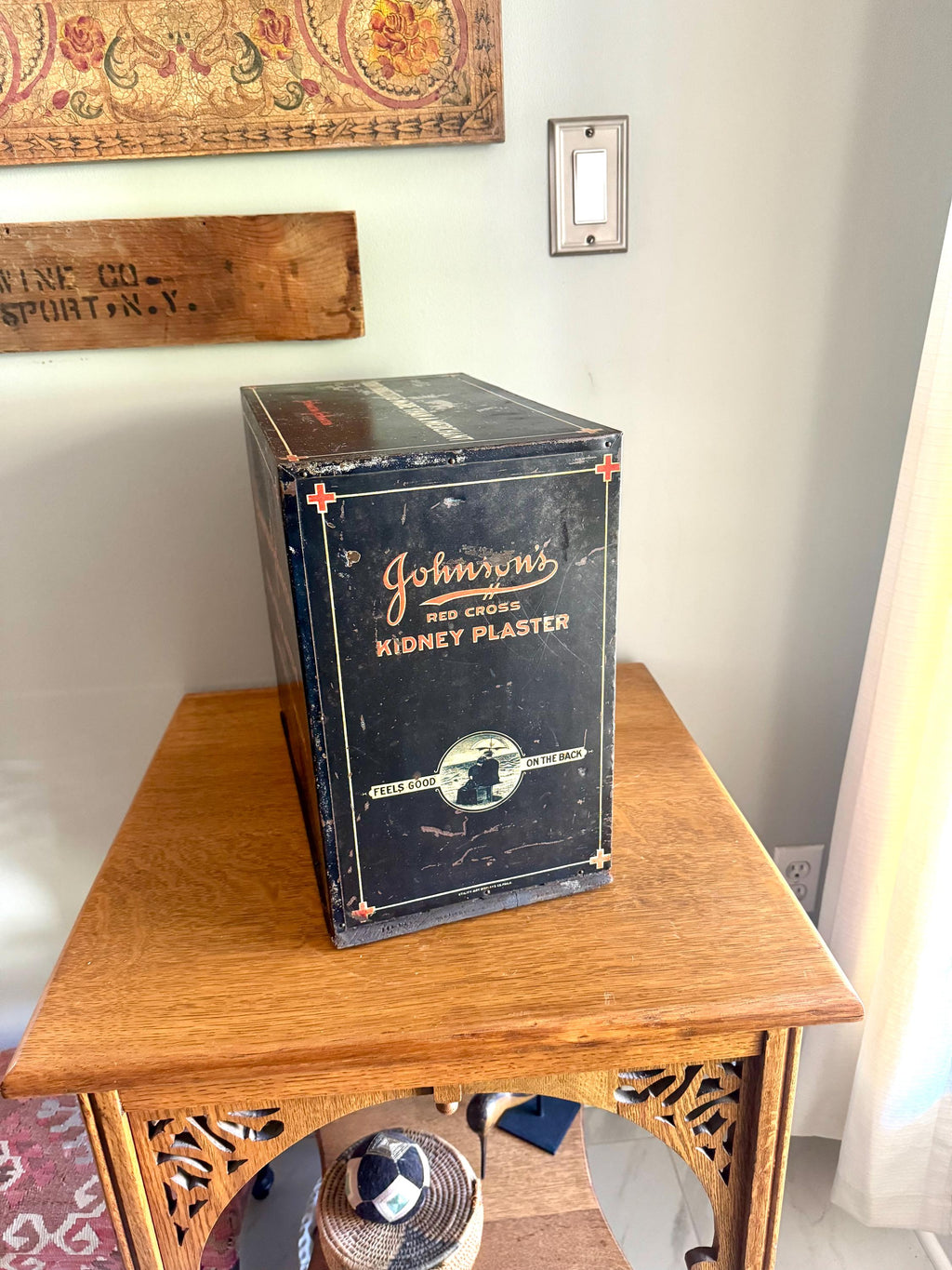Antique Johnson & Johnson Medicated Plaster Display Bin | Pharmacy Kidney Plaster Cabinet | J and J Advertisement Metal Medical Cabinet
