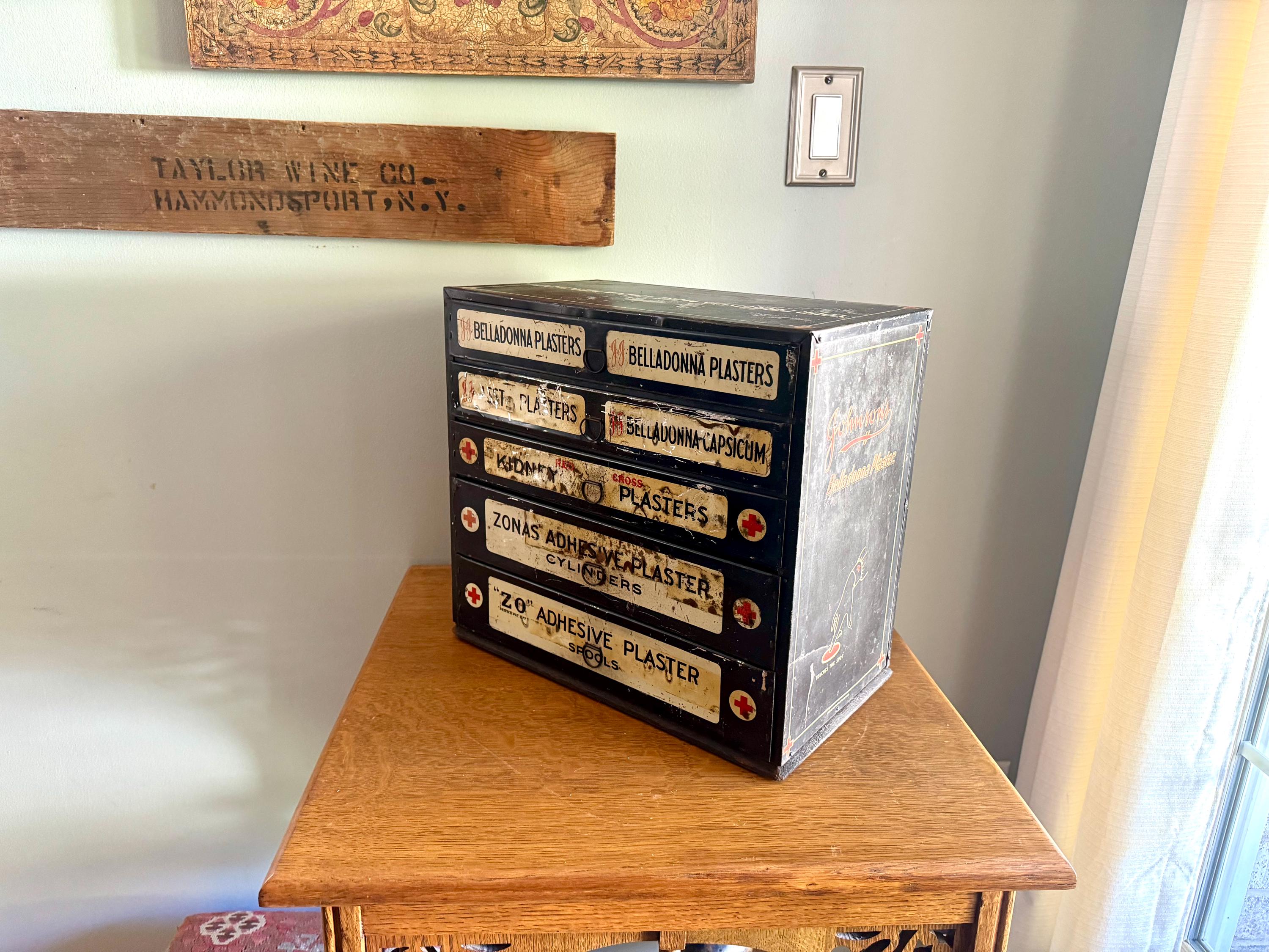 Antique Johnson & Johnson Medicated Plaster Display Bin | Pharmacy Kidney Plaster Cabinet | J and J Advertisement Metal Medical Cabinet