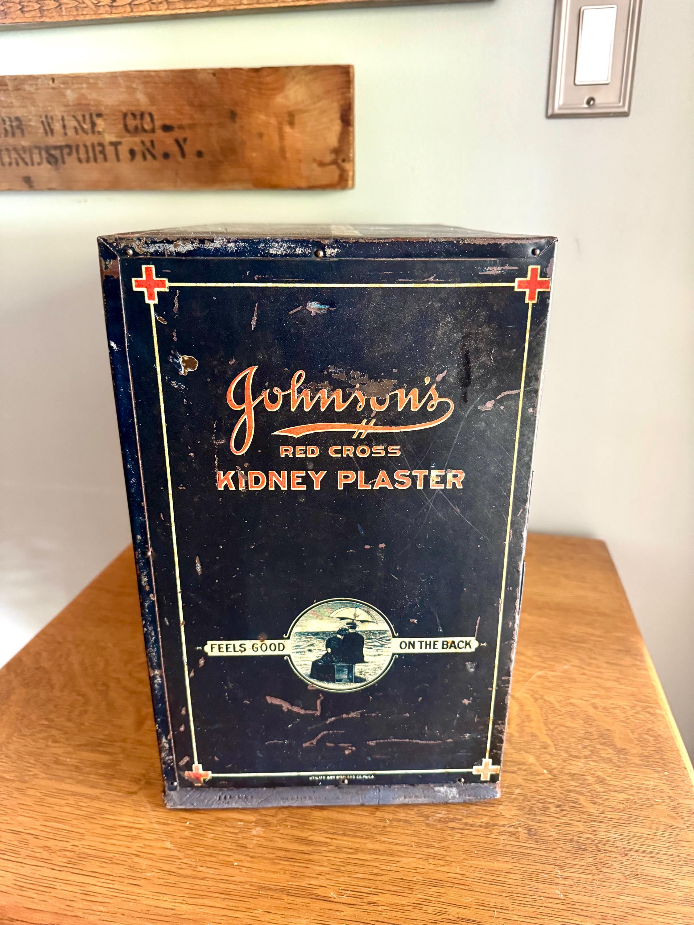 Antique Johnson & Johnson Medicated Plaster Display Bin | Pharmacy Kidney Plaster Cabinet | J and J Advertisement Metal Medical Cabinet