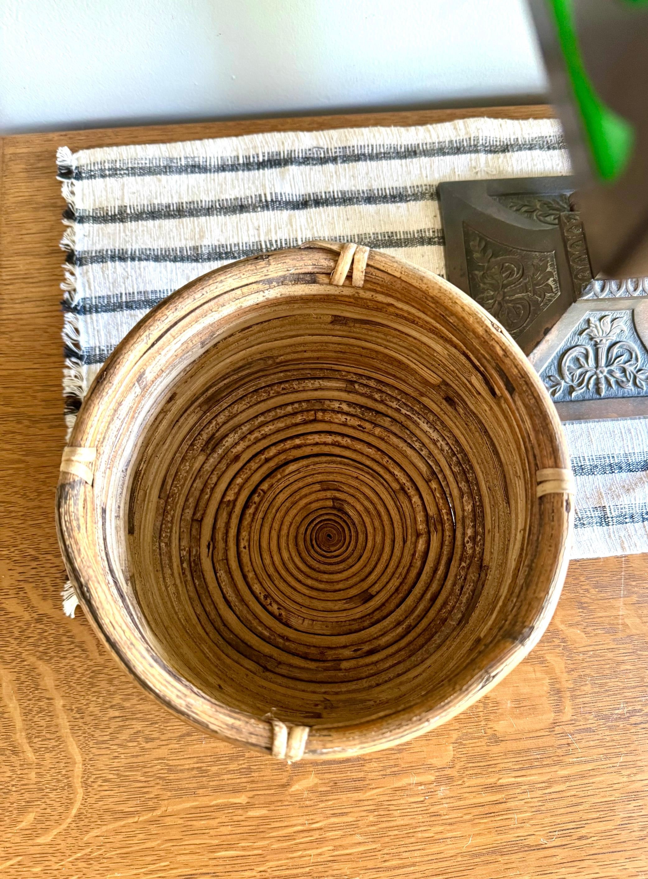 Vtg Coiled Pencil Reed Bowl | Pencil Reed Bamboo Bowl | Gabriella Crespi Style Rattan Basket | Center Piece Basket