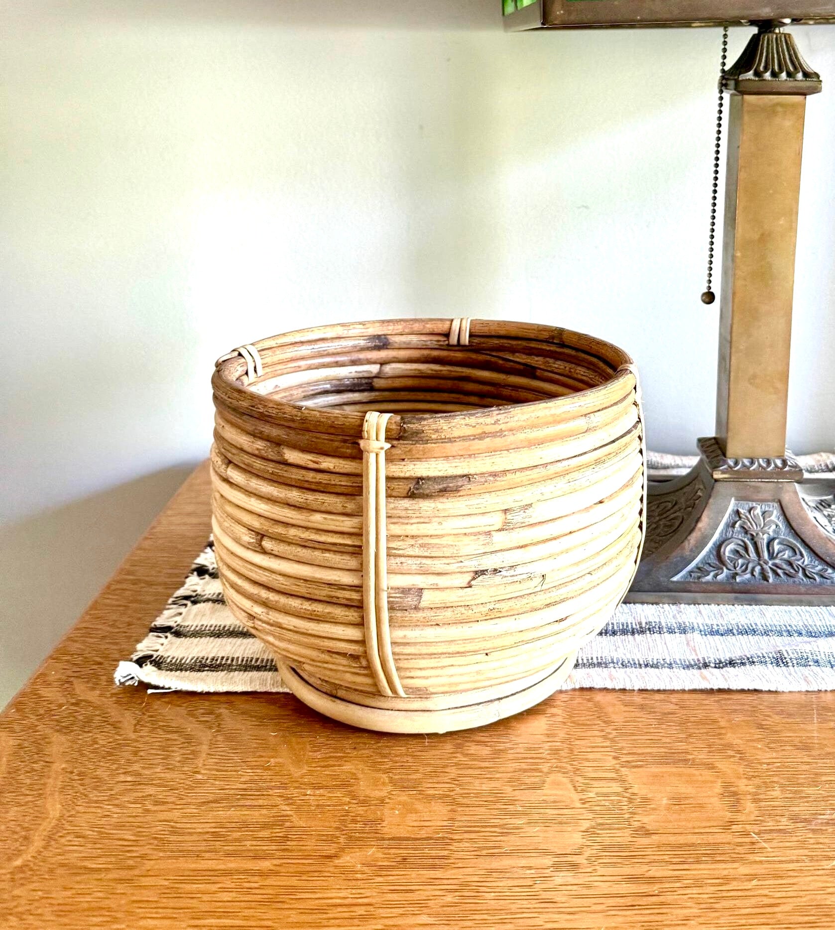 Vtg Coiled Pencil Reed Bowl | Pencil Reed Bamboo Bowl | Gabriella Crespi Style Rattan Basket | Center Piece Basket