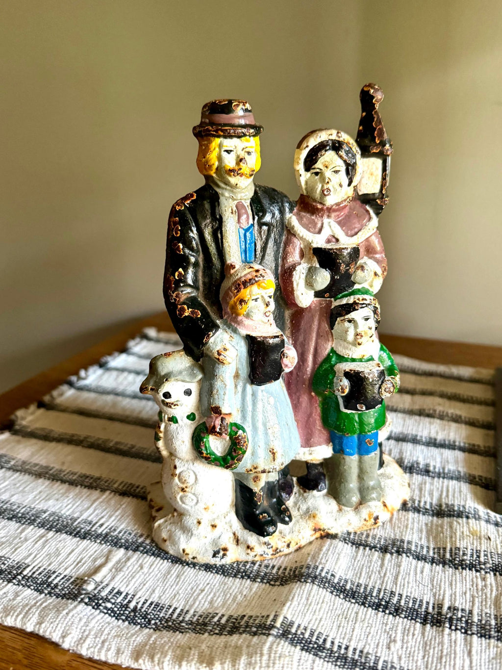 Vtg Big Arrow Cast Iron Christmas Caroler Door Stop | Distressed Paint Cast Iron Caroler Door Stop | Rustic Christmas Decor Door Stop