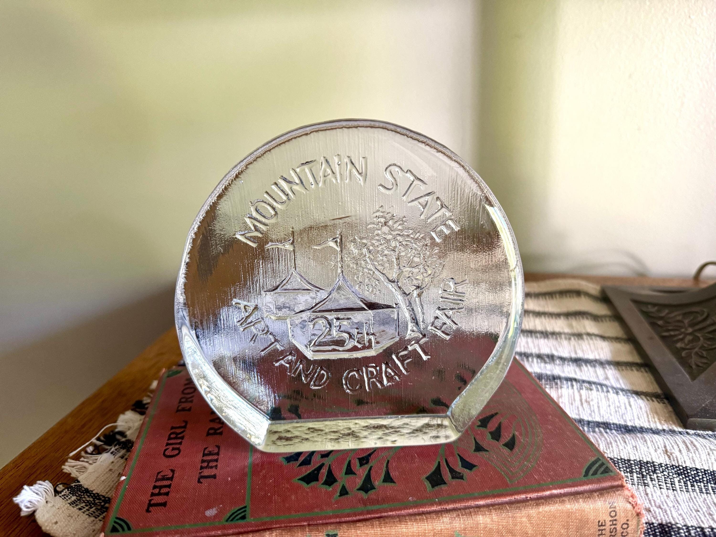 Vtg Mountain State Blenko Ice Round Glass Block Bookend| Clear Solid Glass Mountain State Paperweight | Blenko Bookend Art & Craft Fair