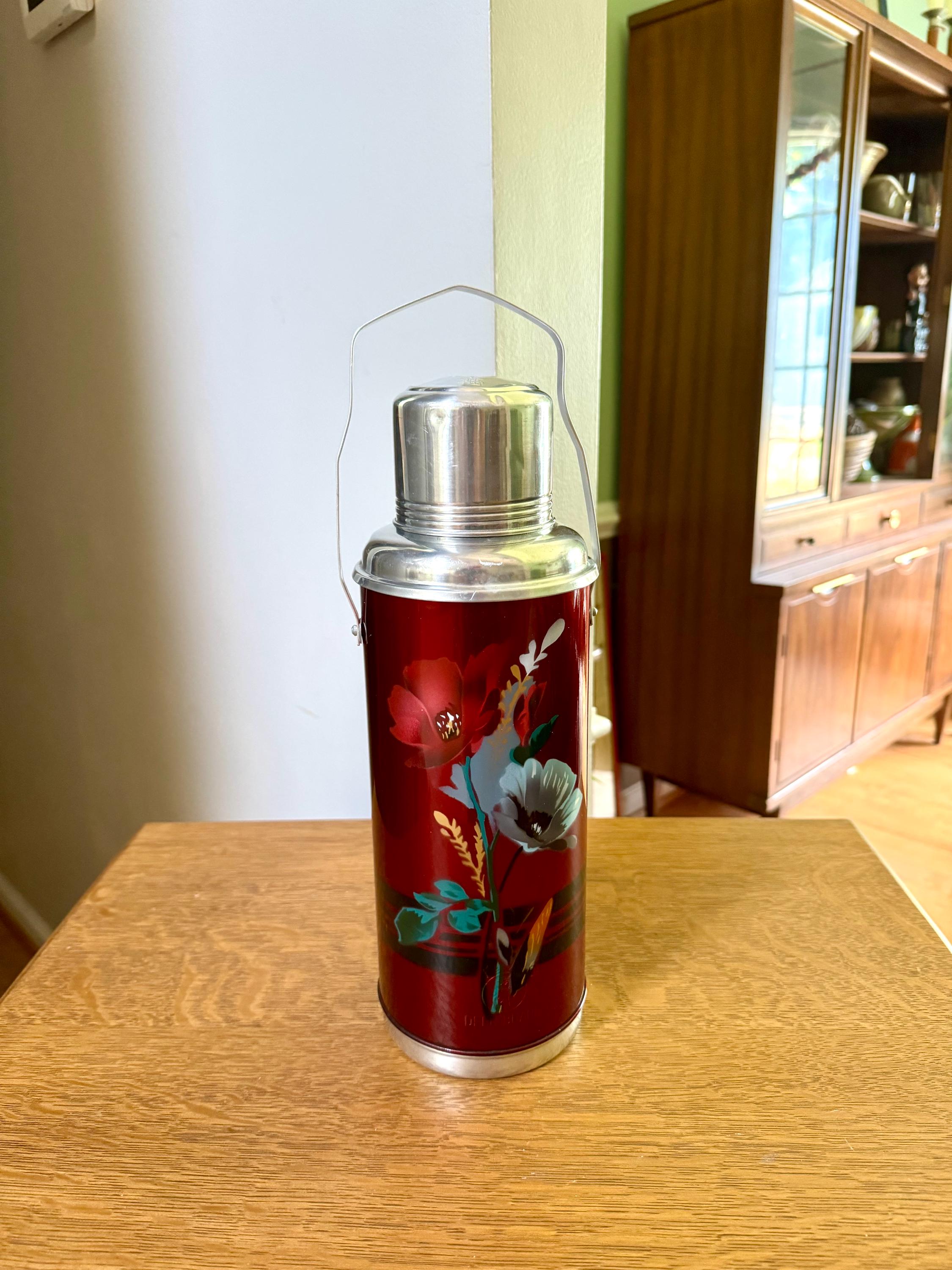 Vtg Deer Brand Thermos Bottle | Large Red Deer Brand Thermos | Vtg Floral Thermos | Aluminum Deer Brand Thermos