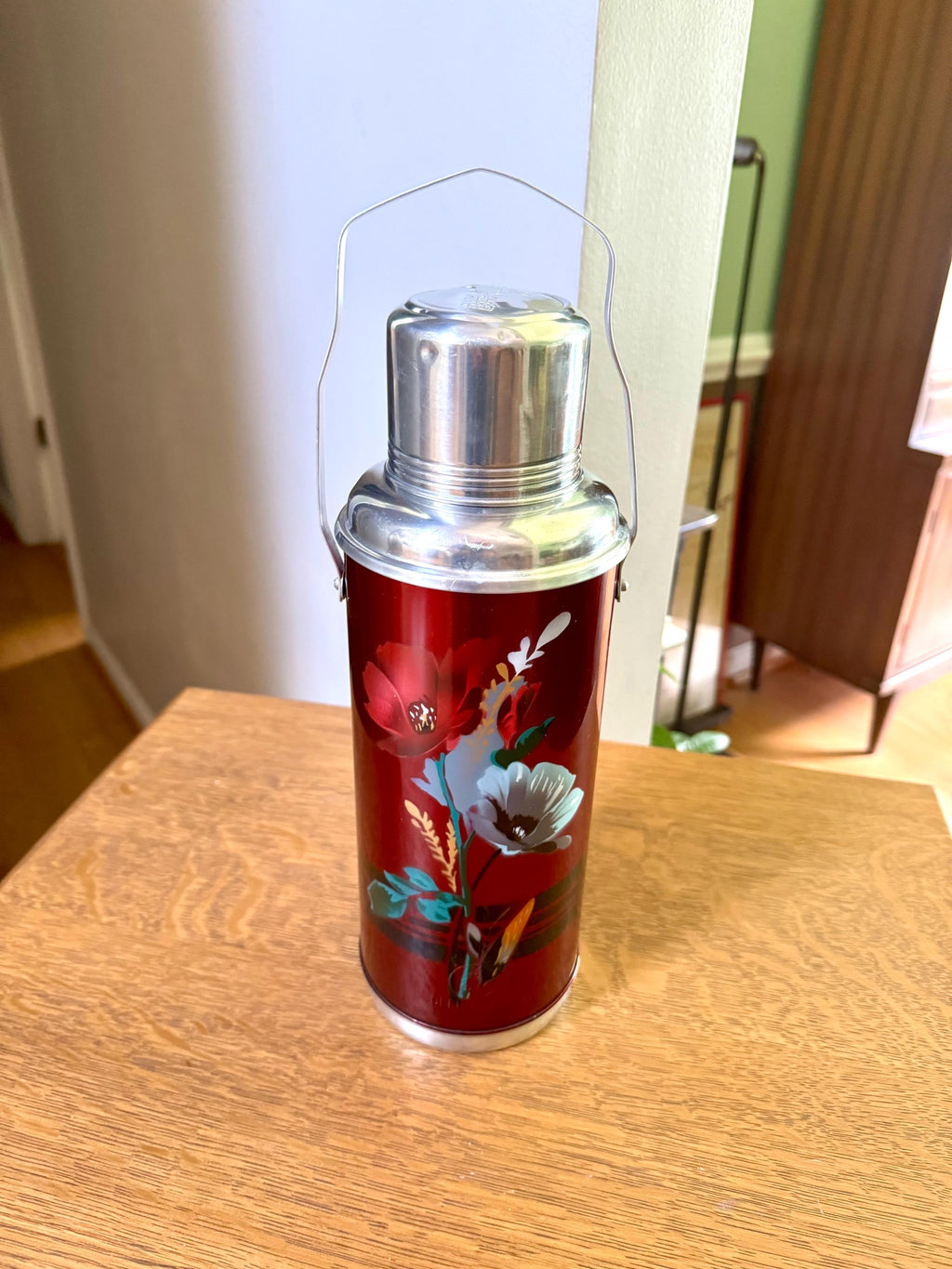 Vtg Deer Brand Thermos Bottle | Large Red Deer Brand Thermos | Vtg Floral Thermos | Aluminum Deer Brand Thermos