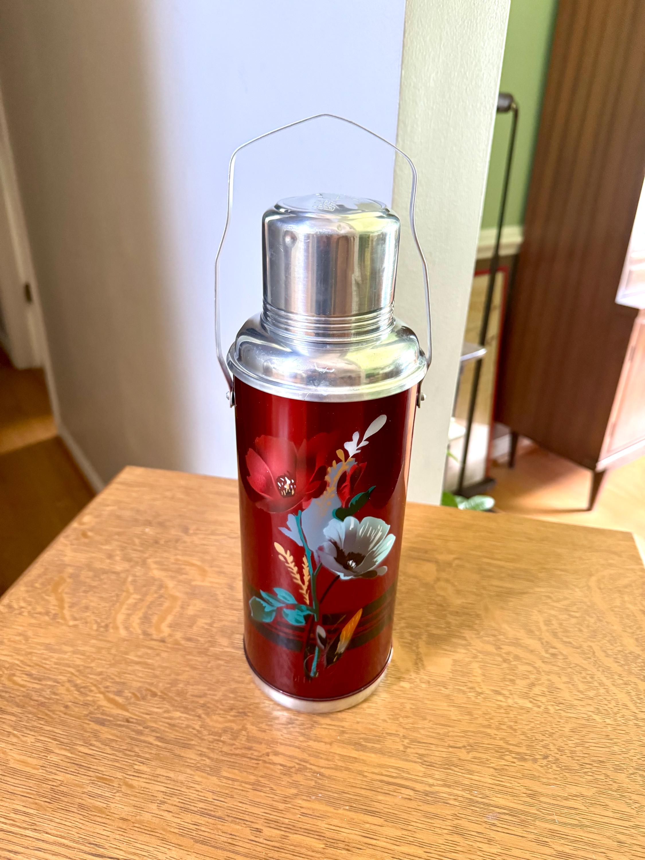 Vtg Deer Brand Thermos Bottle | Large Red Deer Brand Thermos | Vtg Floral Thermos | Aluminum Deer Brand Thermos