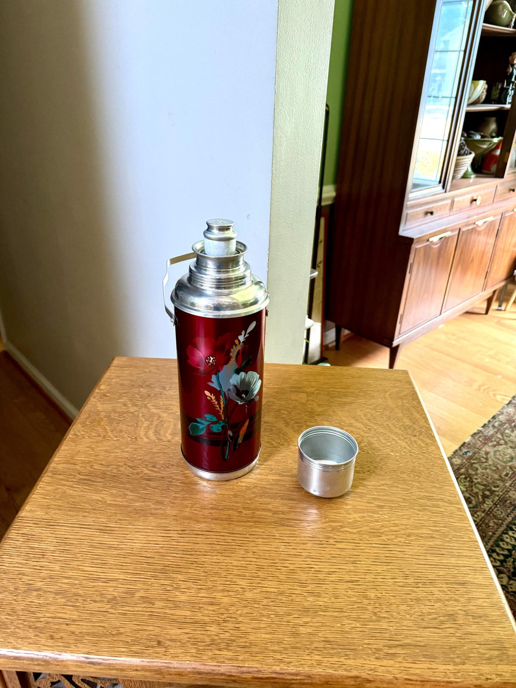 Vtg Deer Brand Thermos Bottle | Large Red Deer Brand Thermos | Vtg Floral Thermos | Aluminum Deer Brand Thermos