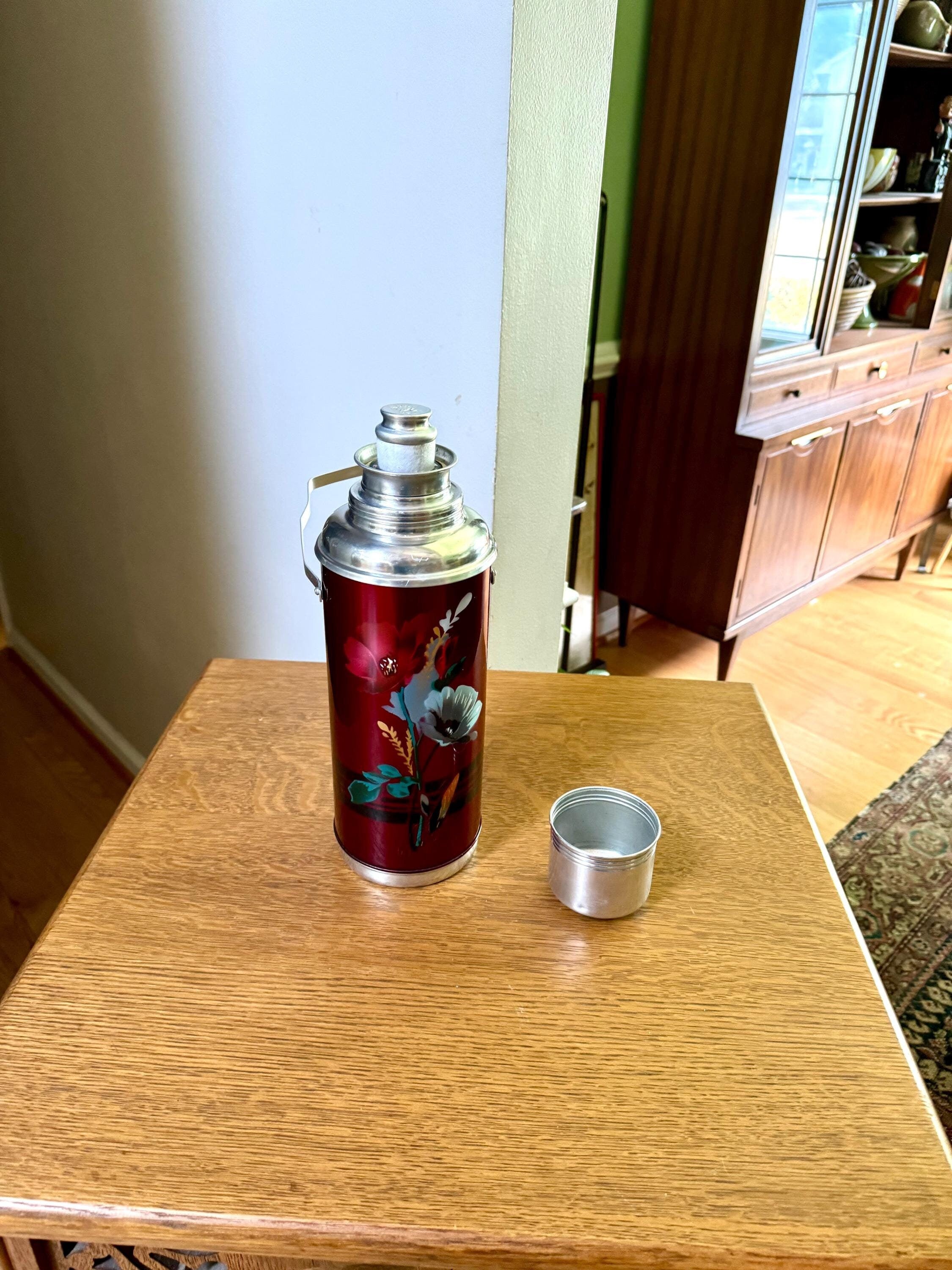 Vtg Deer Brand Thermos Bottle | Large Red Deer Brand Thermos | Vtg Floral Thermos | Aluminum Deer Brand Thermos