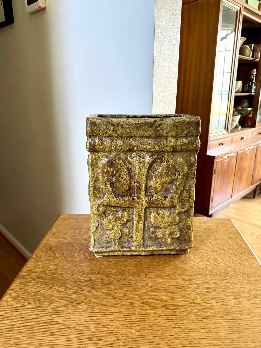 Large Square Ceramic Planter| Medieval Style Plant Vessel| Ceramic Cross Planter| Large English Crest Planter| 13" Tall English Ceramic Pot