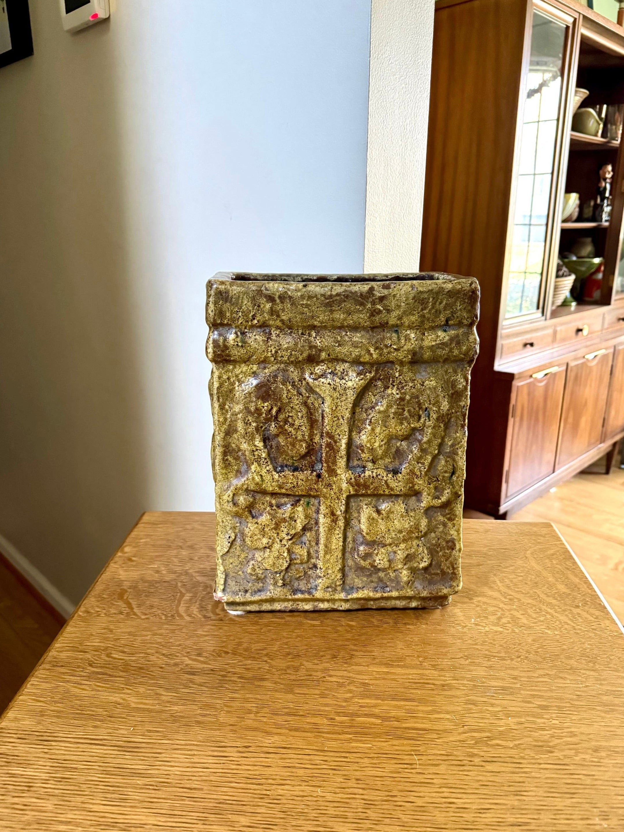 Large Square Ceramic Planter| Medieval Style Plant Vessel| Ceramic Cross Planter| Large English Crest Planter| 13" Tall English Ceramic Pot