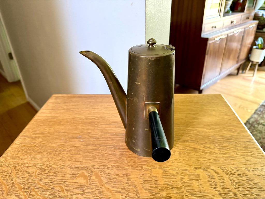 Vtg Turkish Style Brass Tea Pot | Mid Century Modern Brass Tea Server with Wood Handle | Brass Middle Eastern Coffee Po