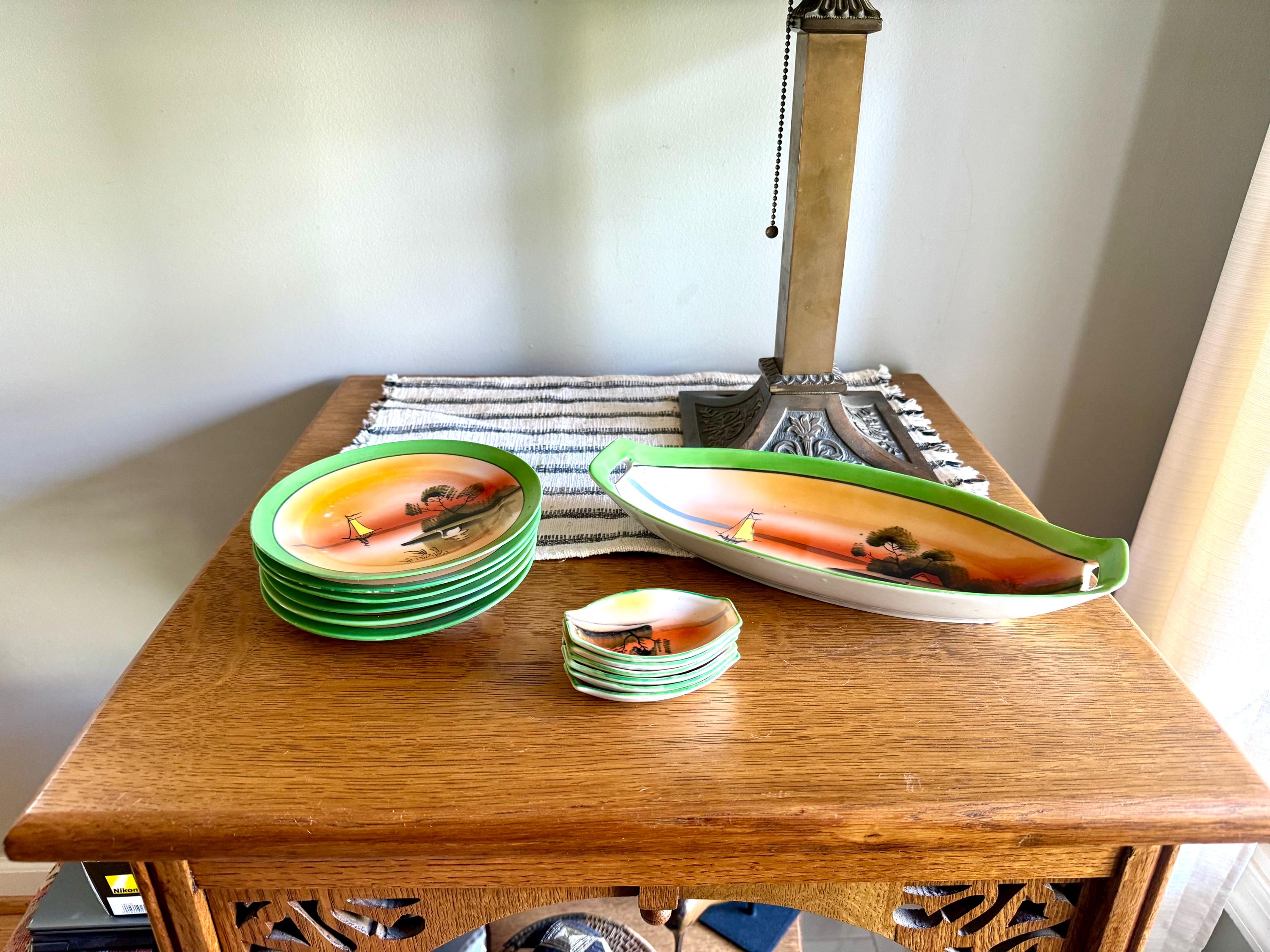 Vtg Japan Sushi Serving Set | Japan Lusterware Celery Dish With Salt Cellars | TT Takito Sushi Serving Dishes | 13 Pc. Japan Serving Set