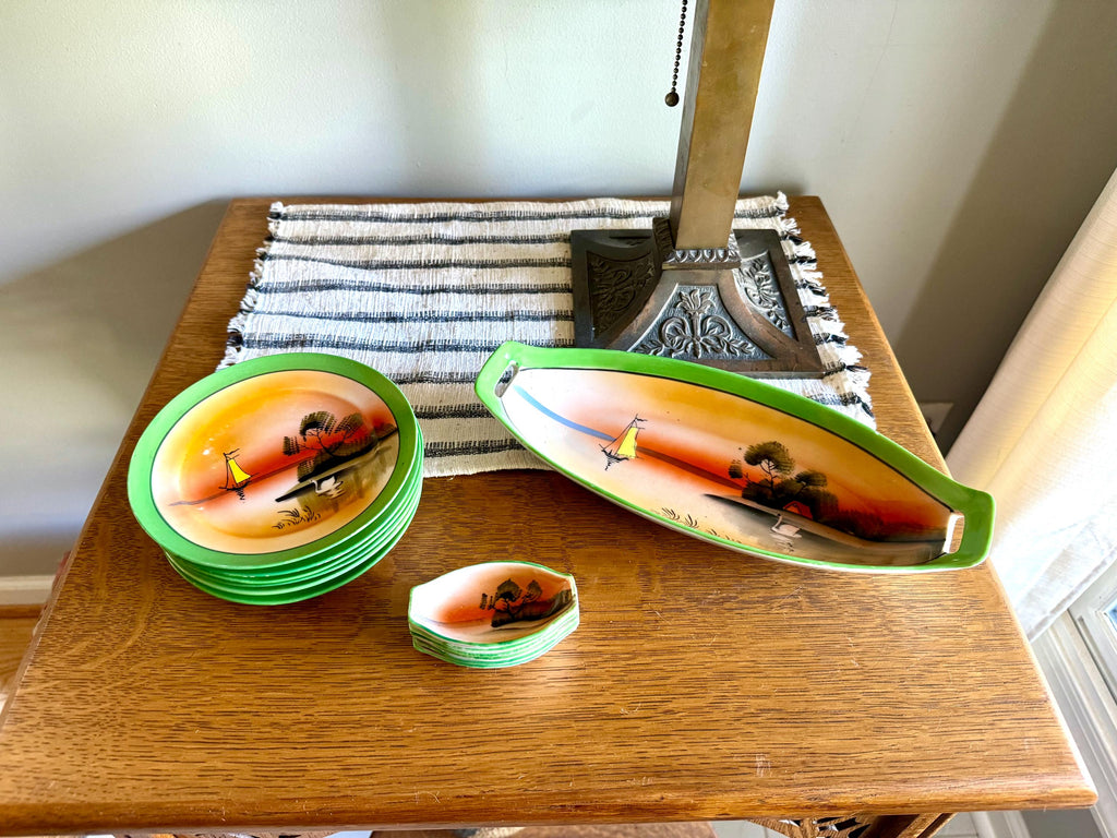 Vtg Japan Sushi Serving Set | Japan Lusterware Celery Dish With Salt Cellars | TT Takito Sushi Serving Dishes | 13 Pc. Japan Serving Set