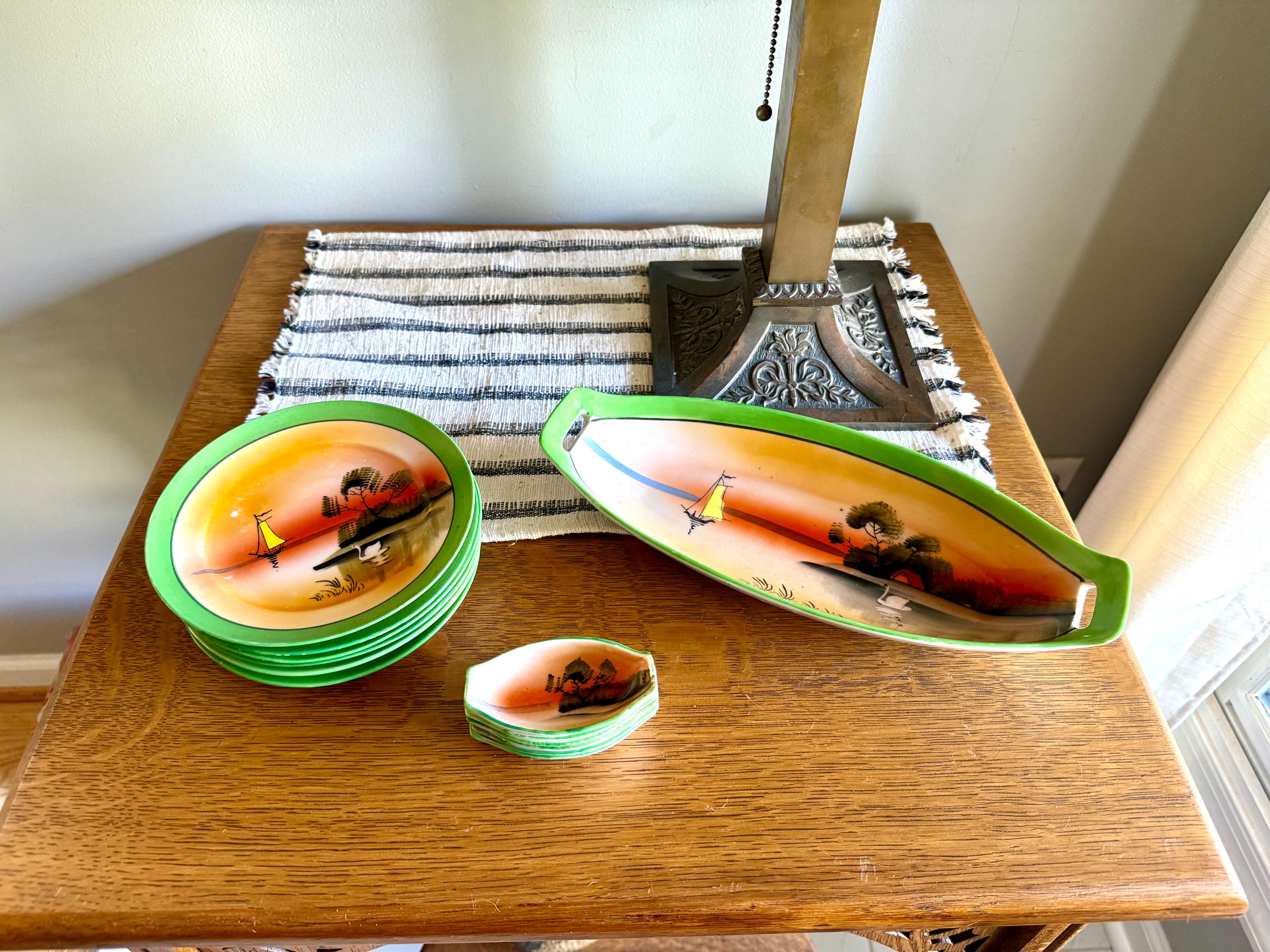 Vtg Japan Sushi Serving Set | Japan Lusterware Celery Dish With Salt Cellars | TT Takito Sushi Serving Dishes | 13 Pc. Japan Serving Set