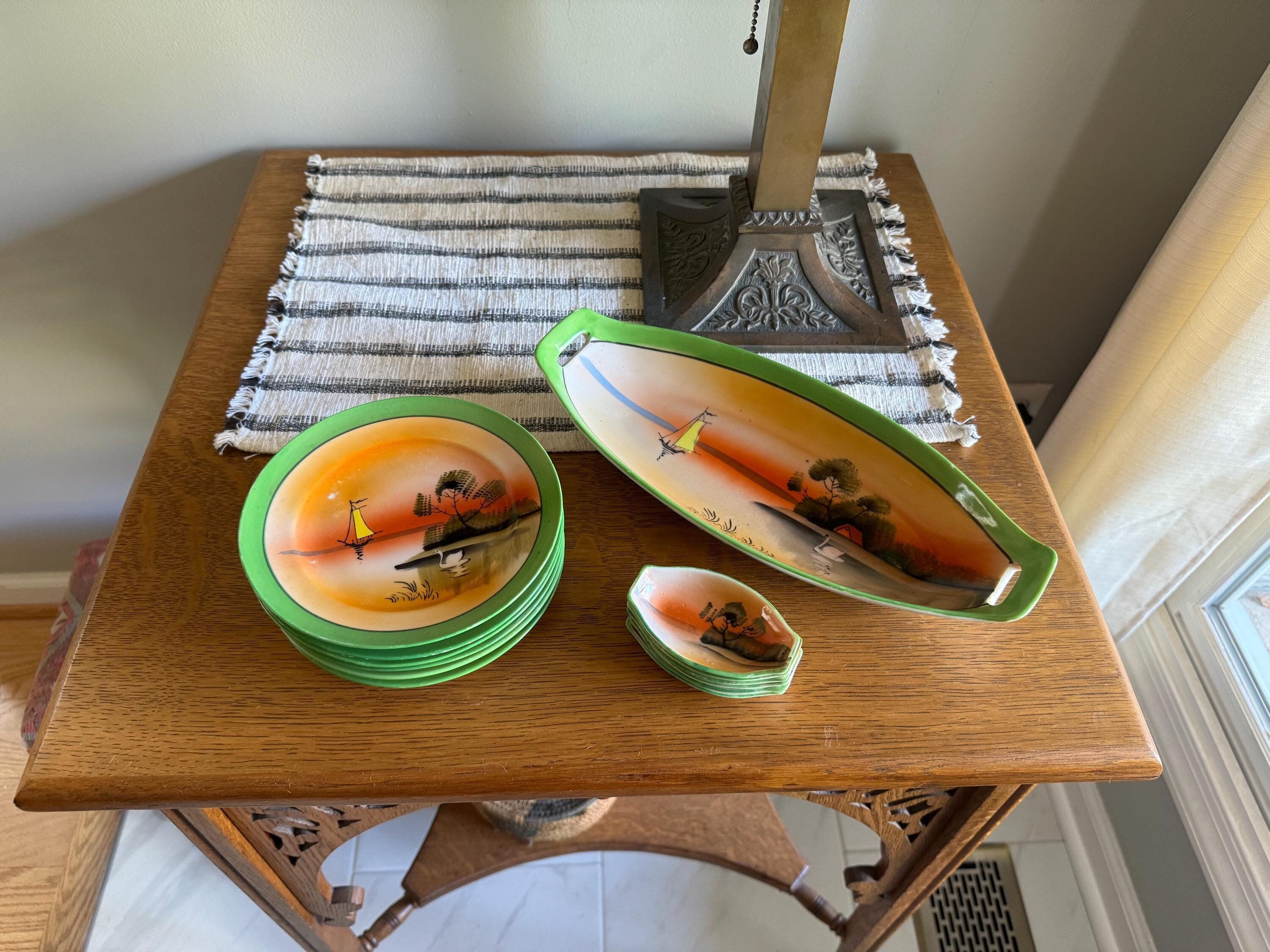 Vtg Japan Sushi Serving Set | Japan Lusterware Celery Dish With Salt Cellars | TT Takito Sushi Serving Dishes | 13 Pc. Japan Serving Set