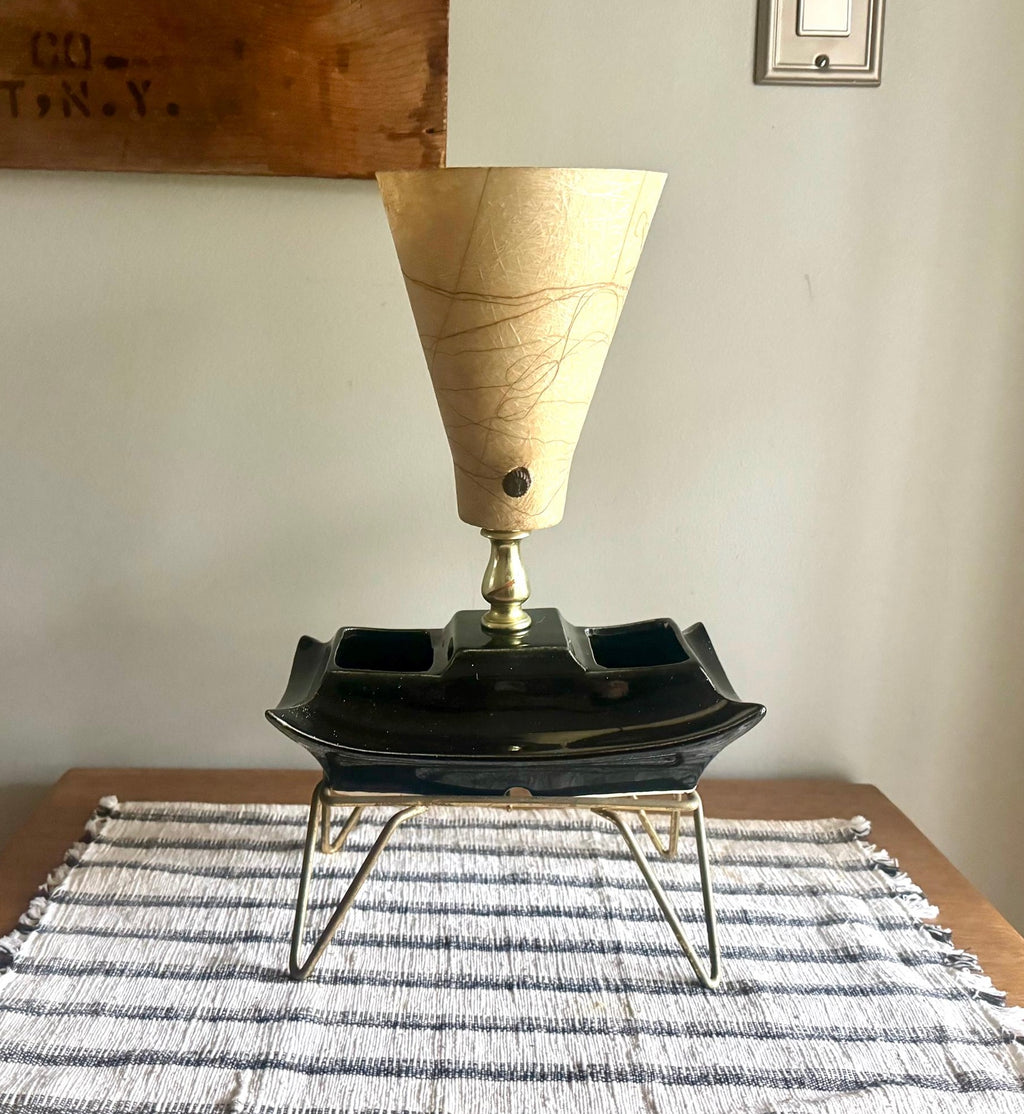 Fiberglass Bullet Shade Ceramic Lamp | Black Ceramic Planter Lamp | Fiberglass Cone Lamp | Atomic Vanity Lamp | Art Decor Accent Lamp