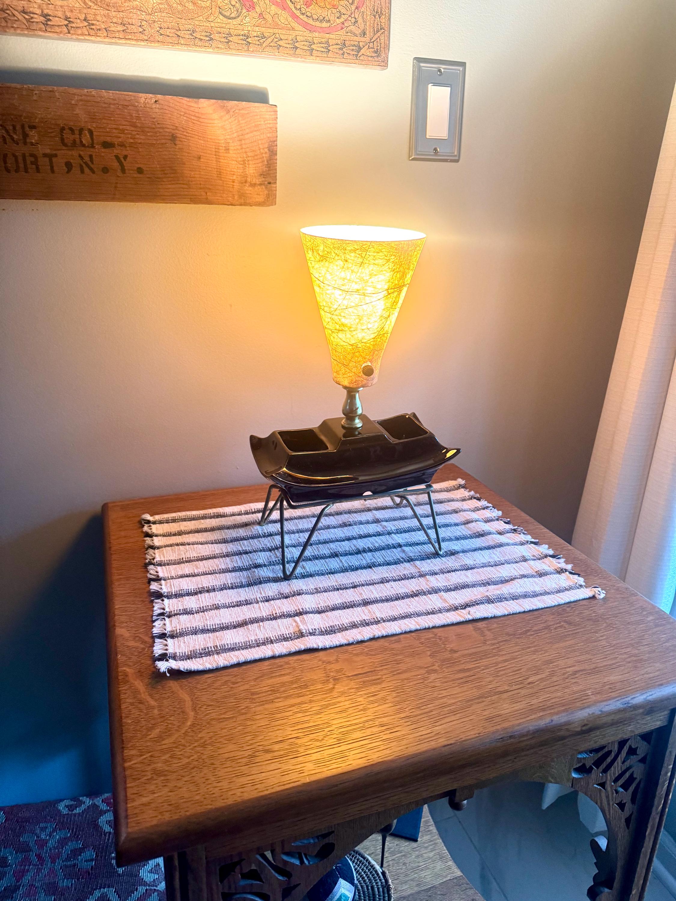 Fiberglass Bullet Shade Ceramic Lamp | Black Ceramic Planter Lamp | Fiberglass Cone Lamp | Atomic Vanity Lamp | Art Decor Accent Lamp