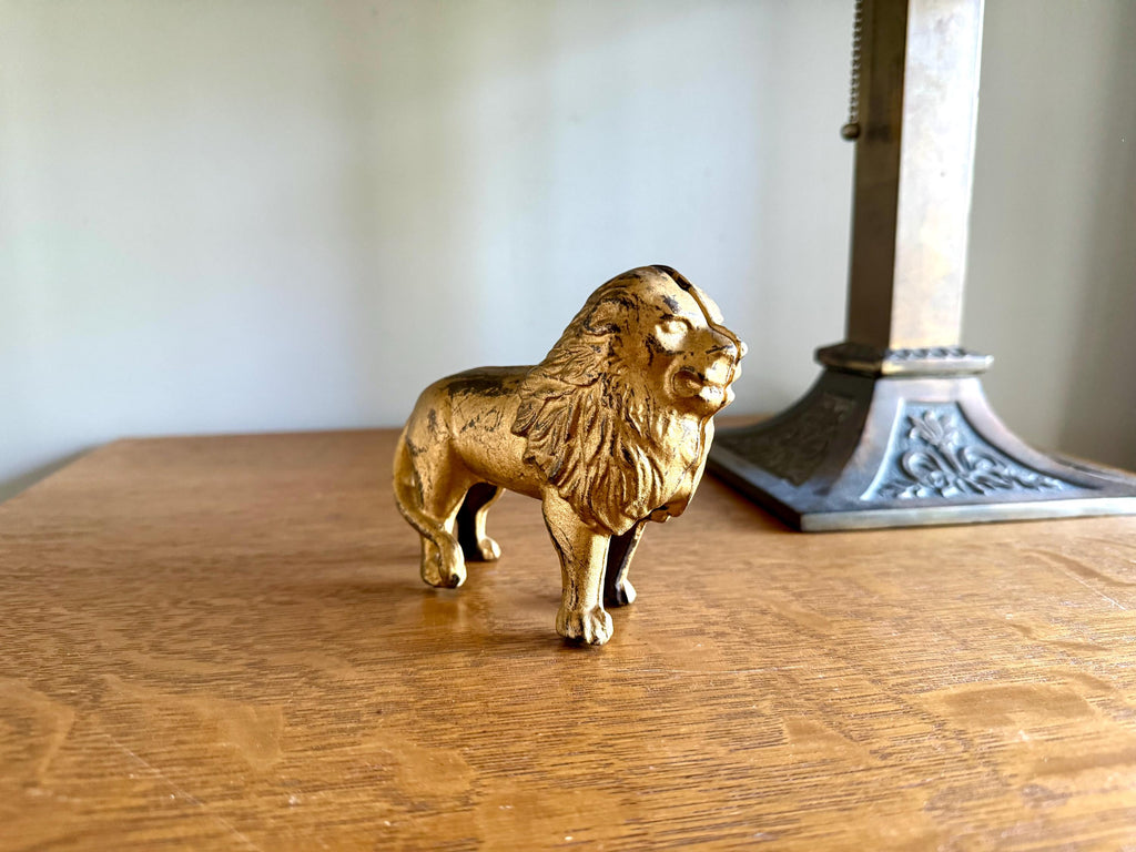 Vtg Cast Iron Lion Coin Bank | A.C. Williams Gold Toned Figural Lion Penny Coin Still Bank| Original Paint Cast Iron Lion Figurine Bank