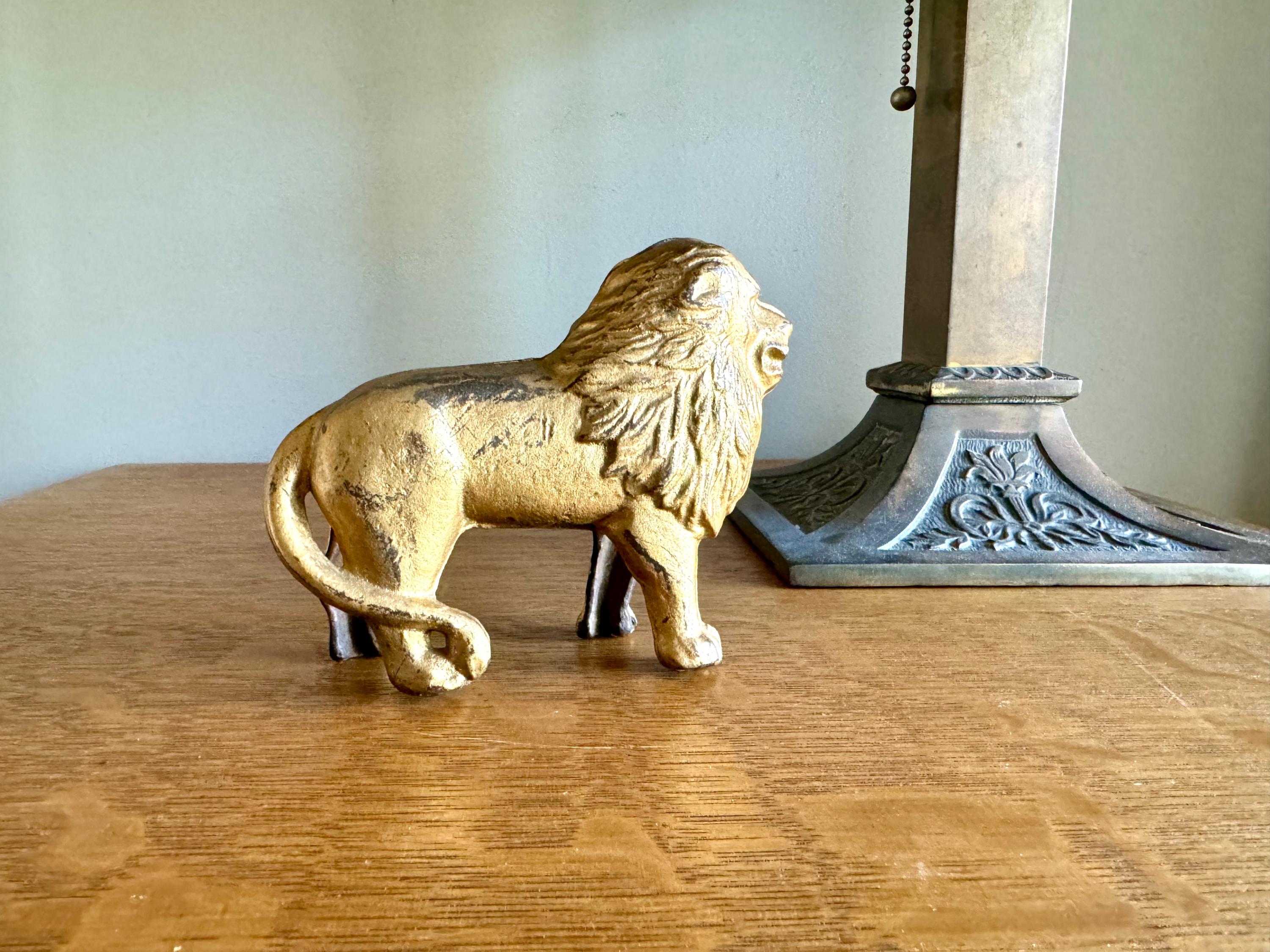Vtg Cast Iron Lion Coin Bank | A.C. Williams Gold Toned Figural Lion Penny Coin Still Bank| Original Paint Cast Iron Lion Figurine Bank