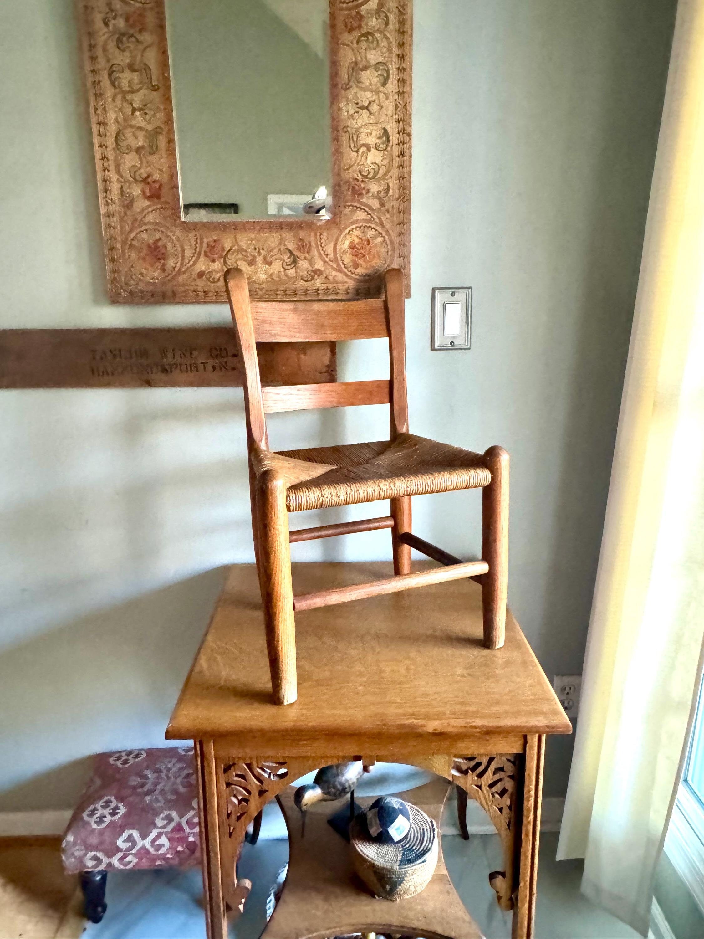 Vtg Wooden Child's Ladder Back Chair | Kid's Rush Bottom Wood Chair | Rush Seating Chair | Oak Kitchen Chair | Farmhouse Woven Chair
