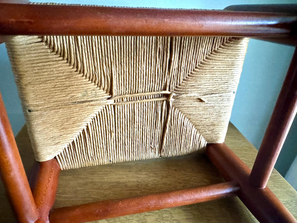 Vtg Wooden Foot Stool | Woven Rush Top Ottoman | Rush Seat Step Stool | Bohemian Style Foot Stool | Plant Stand | Rustic Stool