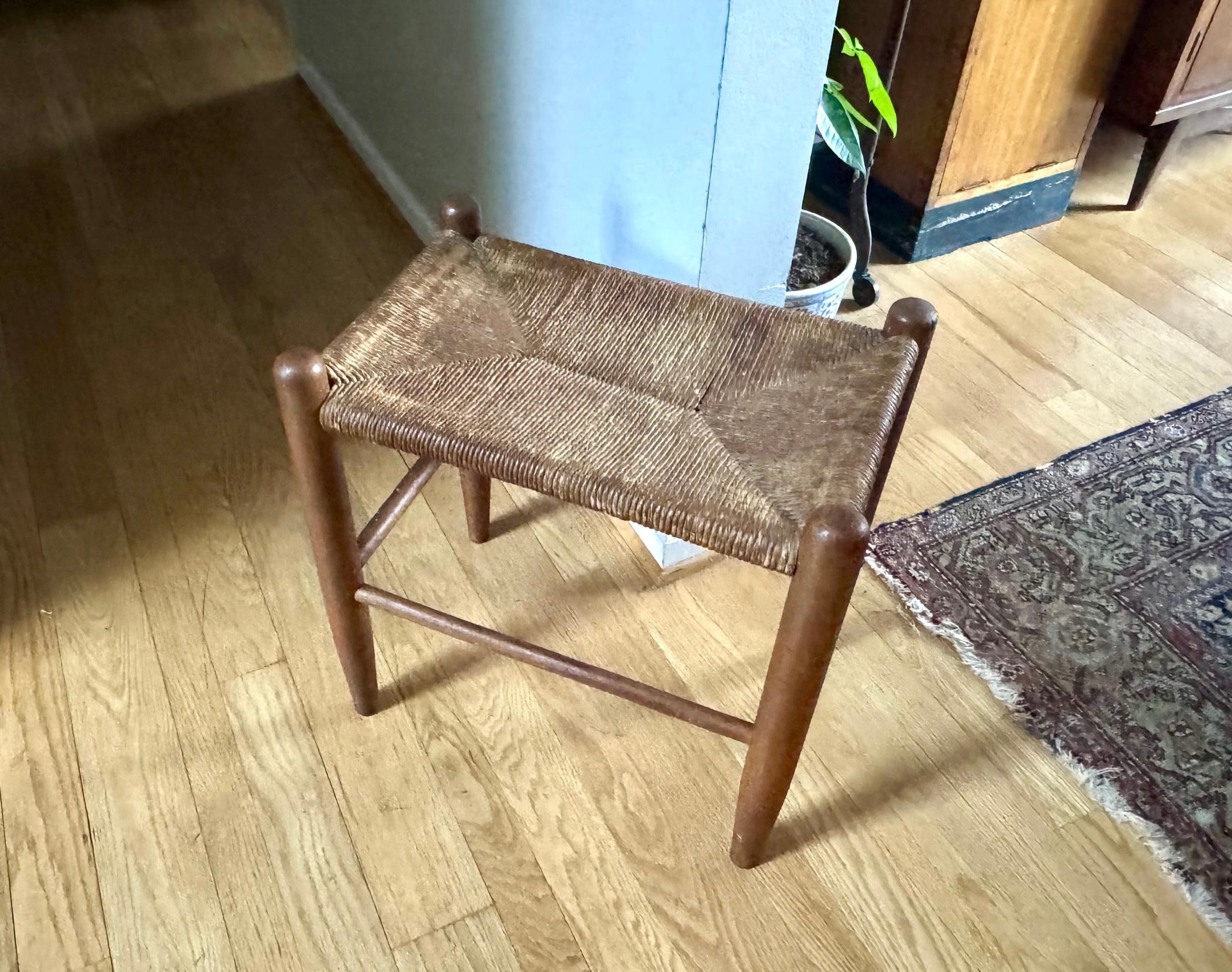 Vtg Wood Rush Bench | Rush Top Ottoman | Woven Sitting Stool | Long Wooden Stool | Borge Mogensen Style Bench | Rush Style Ottoman
