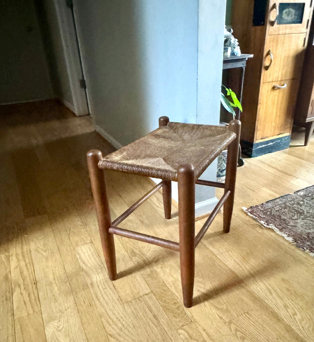 Vtg Wood Rush Bench | Rush Top Ottoman | Woven Sitting Stool | Long Wooden Stool | Borge Mogensen Style Bench | Rush Style Ottoman