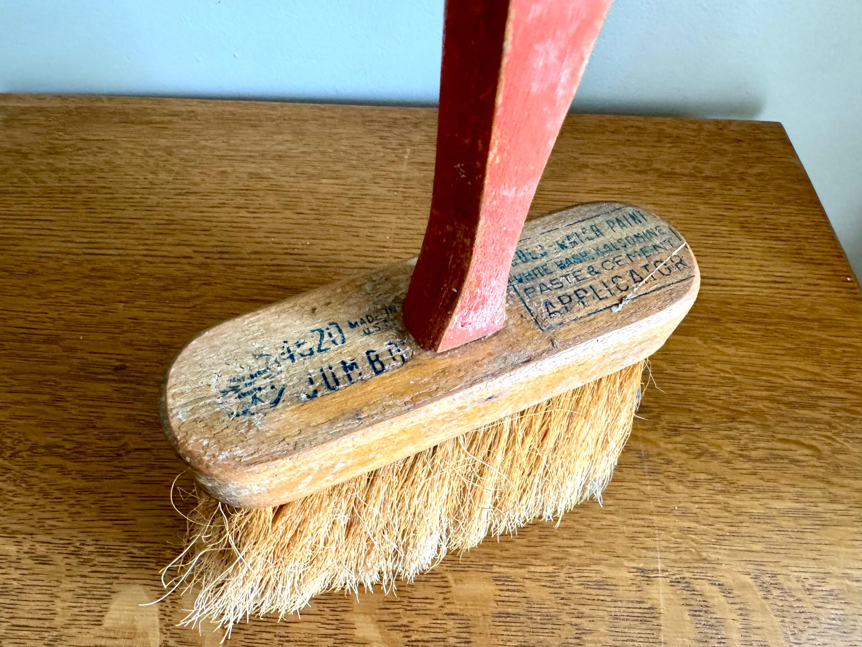 Vtg Jumbo Wood Handled Wall Paper Brush | Rustic Bristle Brush | Large Masonry Brush | Red Handle Paste Brush | Rustic Tools