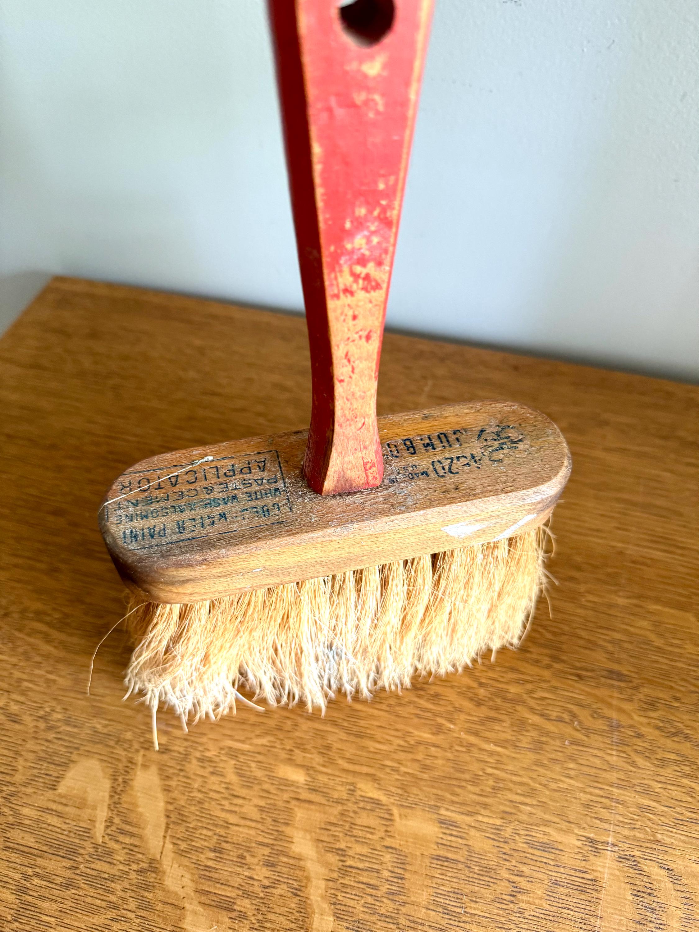 Vtg Jumbo Wood Handled Wall Paper Brush | Rustic Bristle Brush | Large Masonry Brush | Red Handle Paste Brush | Rustic Tools