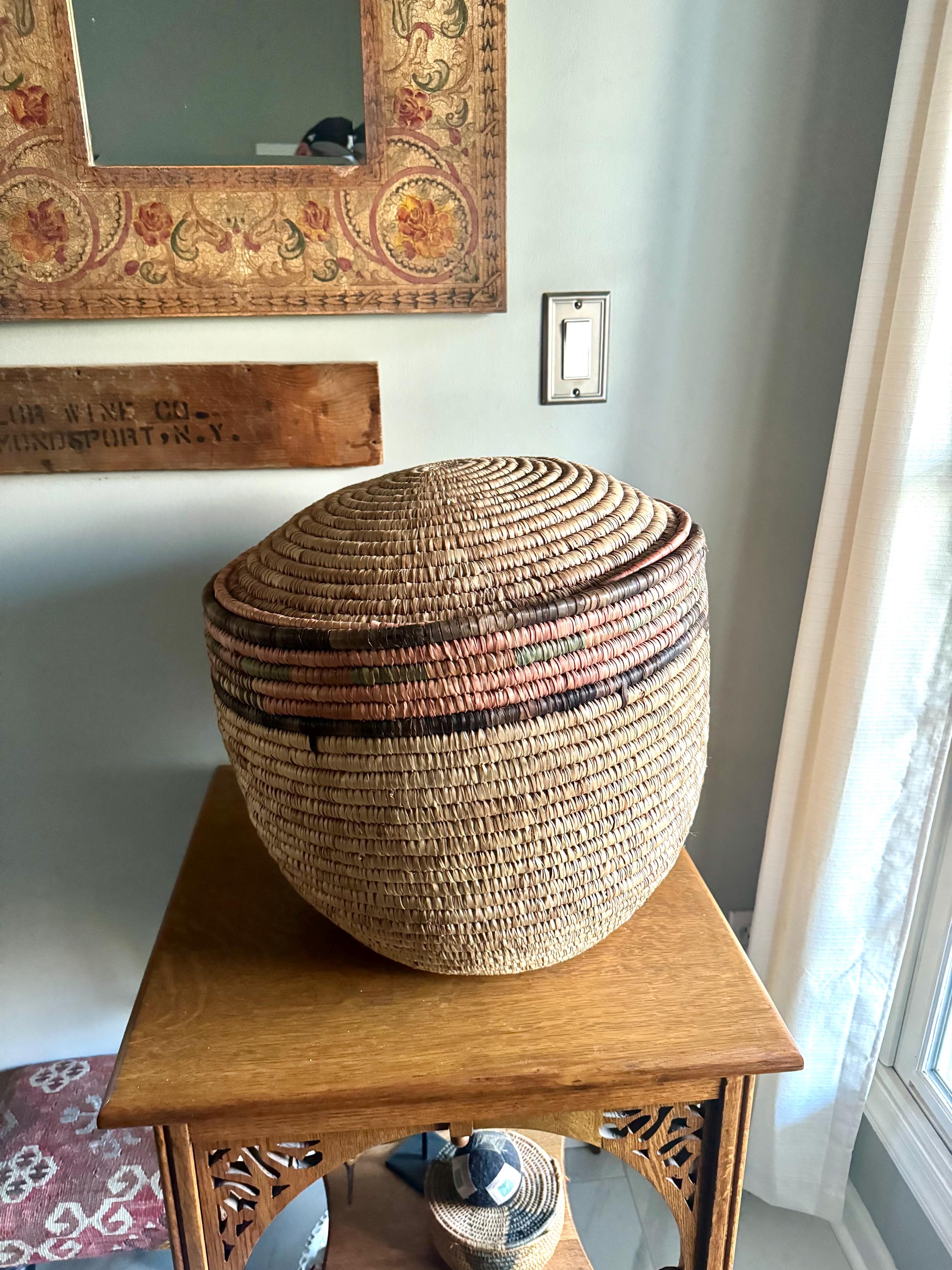 Large Round Coiled Amhara Basket with Lid | Large African Tribal Woven Basket | Boho Decor | Boho Storage | Coiled Basket| African Decor