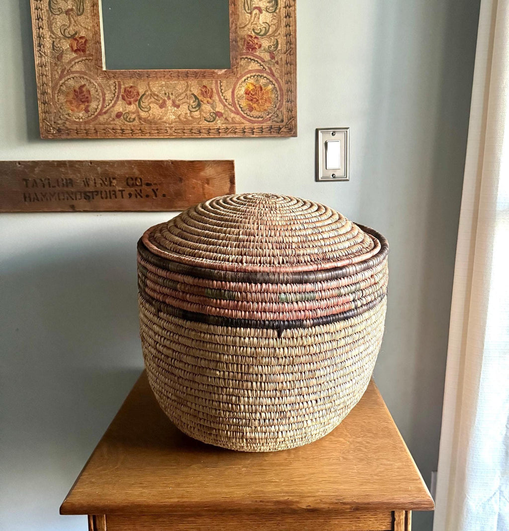 Large Round Coiled Amhara Basket with Lid | Large African Tribal Woven Basket | Boho Decor | Boho Storage | Coiled Basket| African Decor