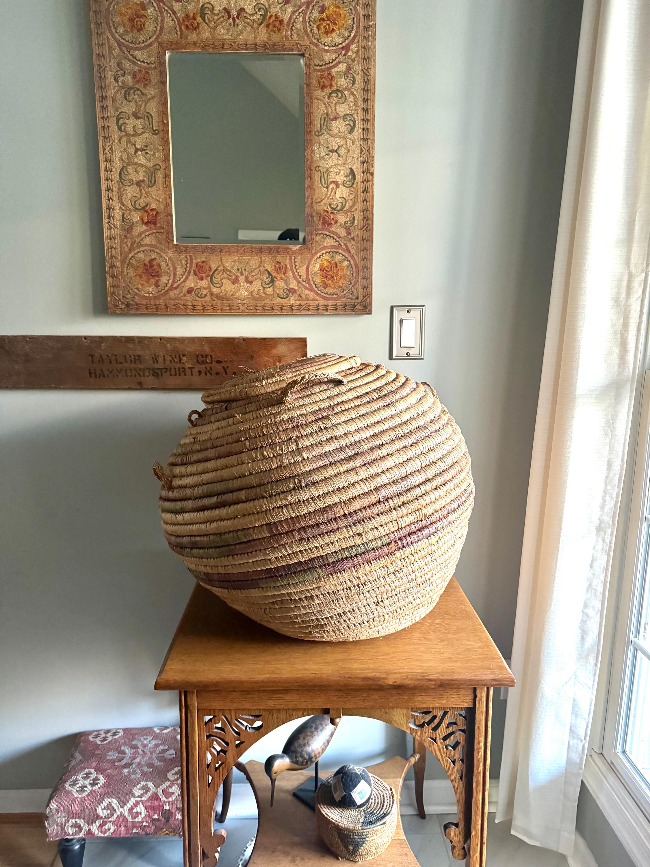 Large Round Coiled Amhara Basket with Lid | Distressed African Tribal Woven Basket | Boho Decor | Boho Storage| Coiled Basket| African Decor