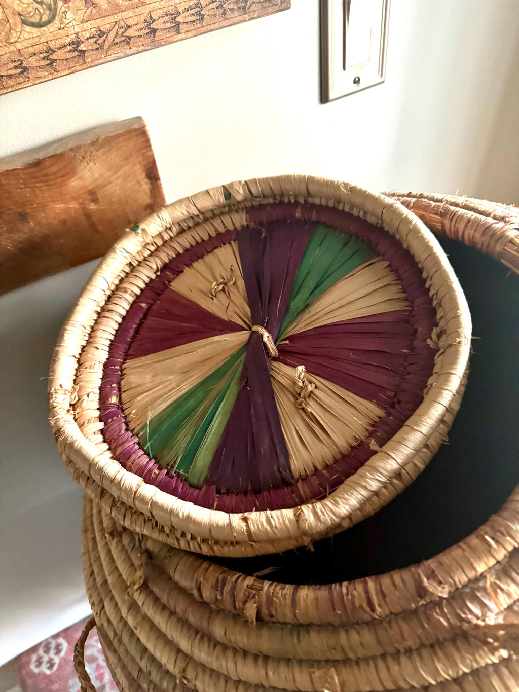 Large Round Coiled Amhara Basket with Lid | Distressed African Tribal Woven Basket | Boho Decor | Boho Storage| Coiled Basket| African Decor