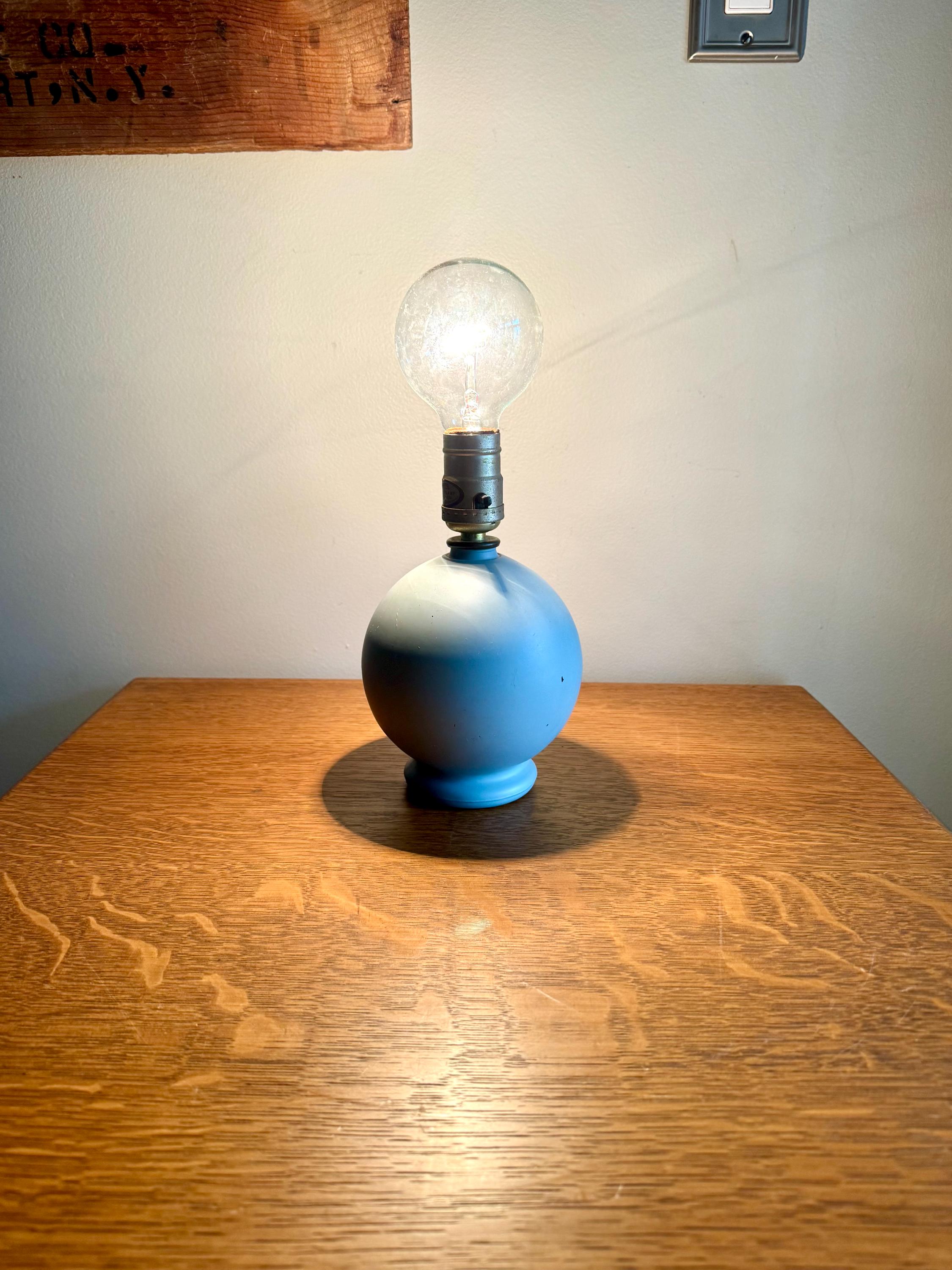 Vtg Mid Century Small Round CN Burman Lamp | Blue Painted Glass Table Lamp | MCM Small Orb Desk Lamp | Glass Ball Night Stand Lamp