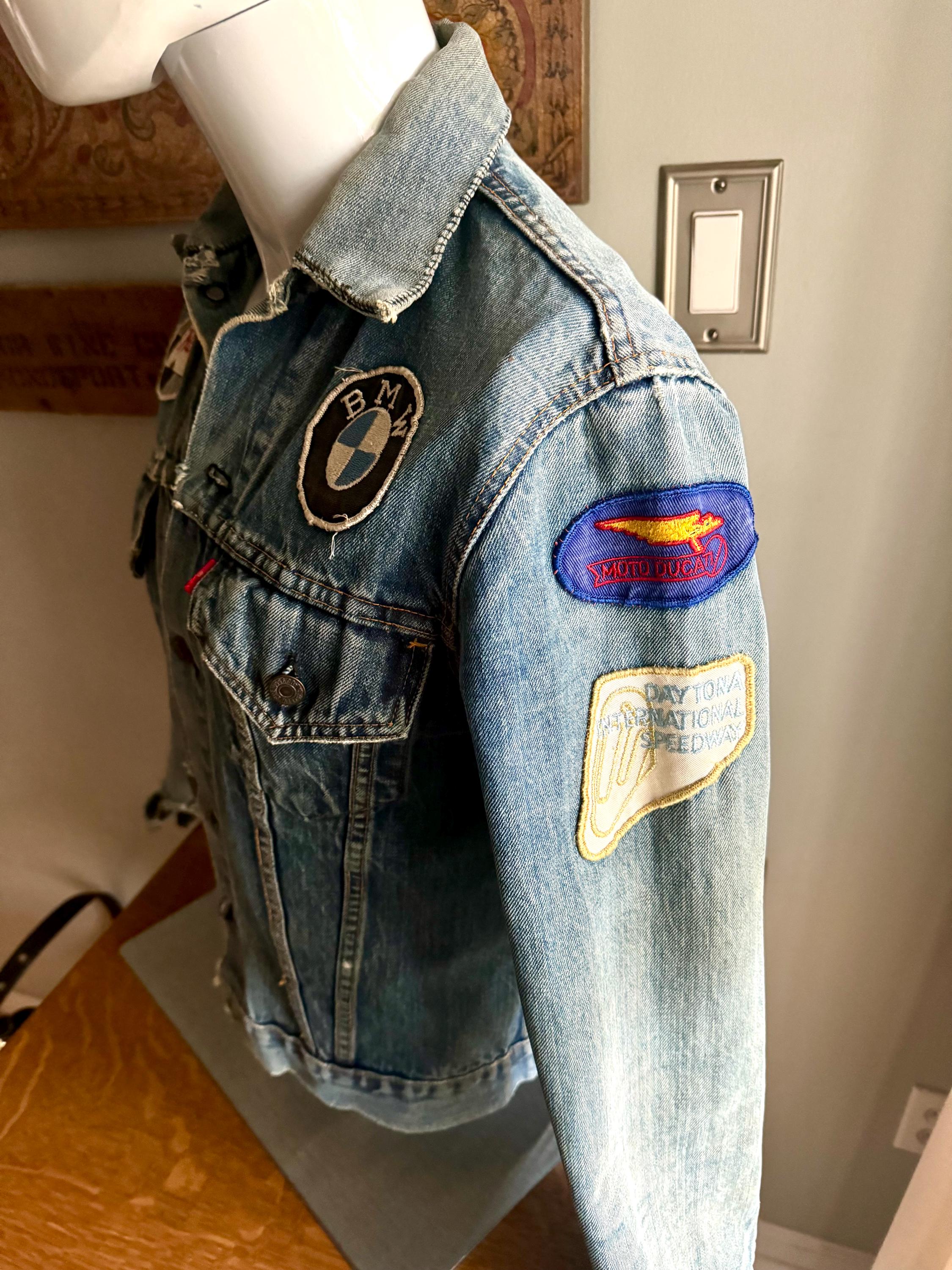 Vtg Levi's Motorcycle Patch Jacket | Distressed Motorcycle Patch Levi's Denim Jacket | BMW, Norton, Ducati, Suzuki, Daytona Int. Patches