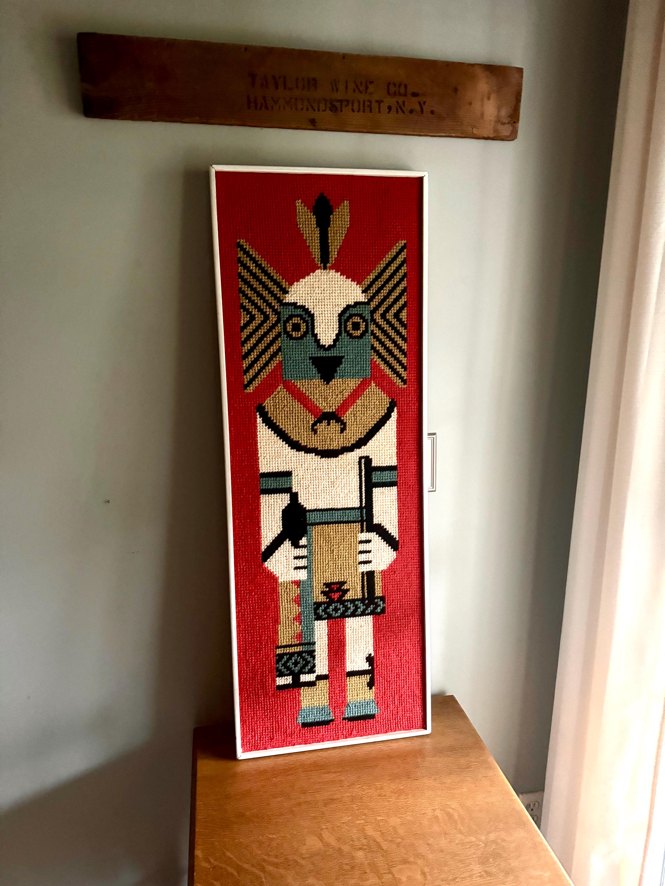 Vtg Framed Kachina Hook Rug | Native Kachina Rug In Frame | Pueblo Kachina Framed Hook Rug 42" x 15"