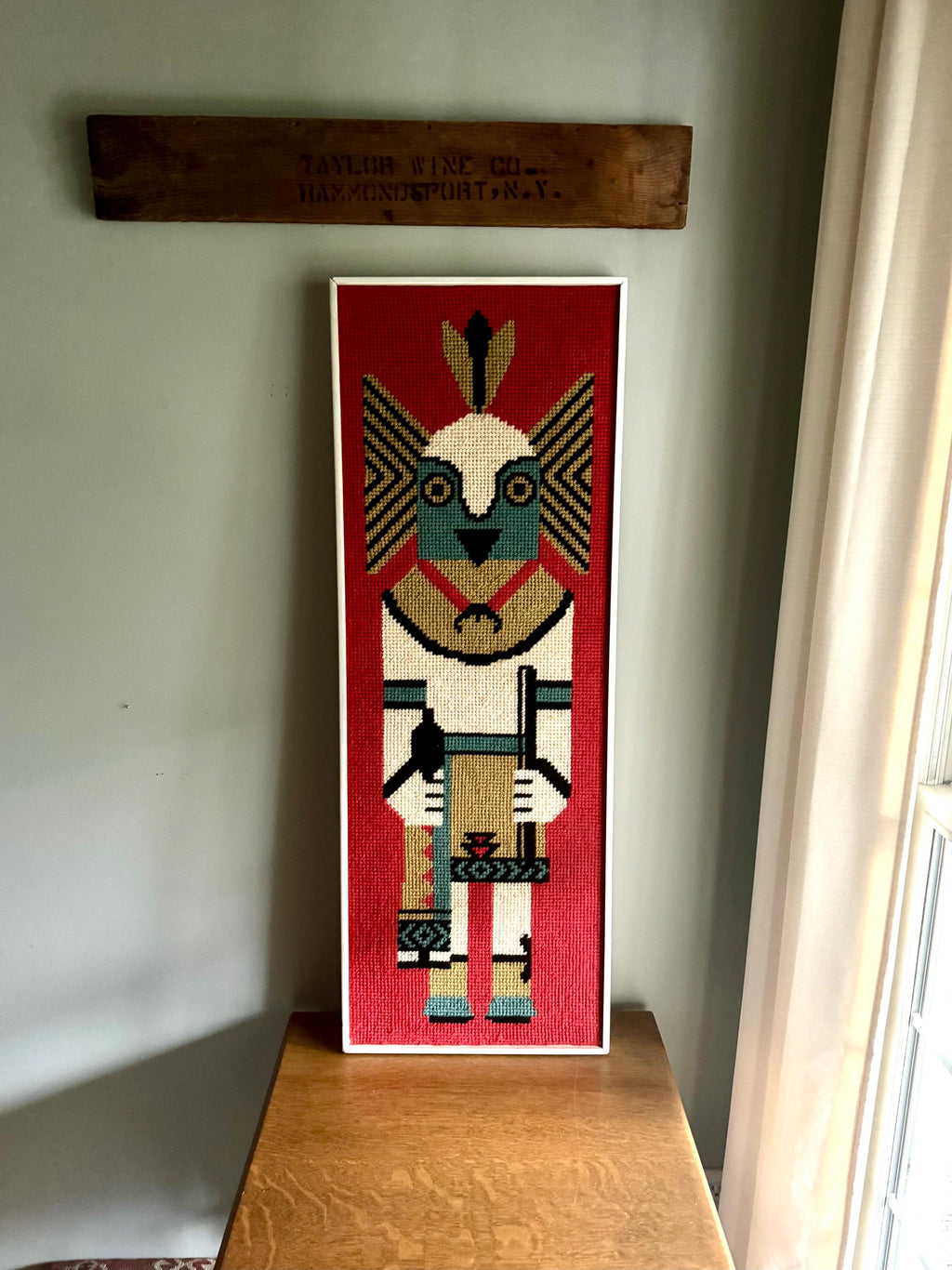 Vtg Framed Kachina Hook Rug | Native Kachina Rug In Frame | Pueblo Kachina Framed Hook Rug 42" x 15"