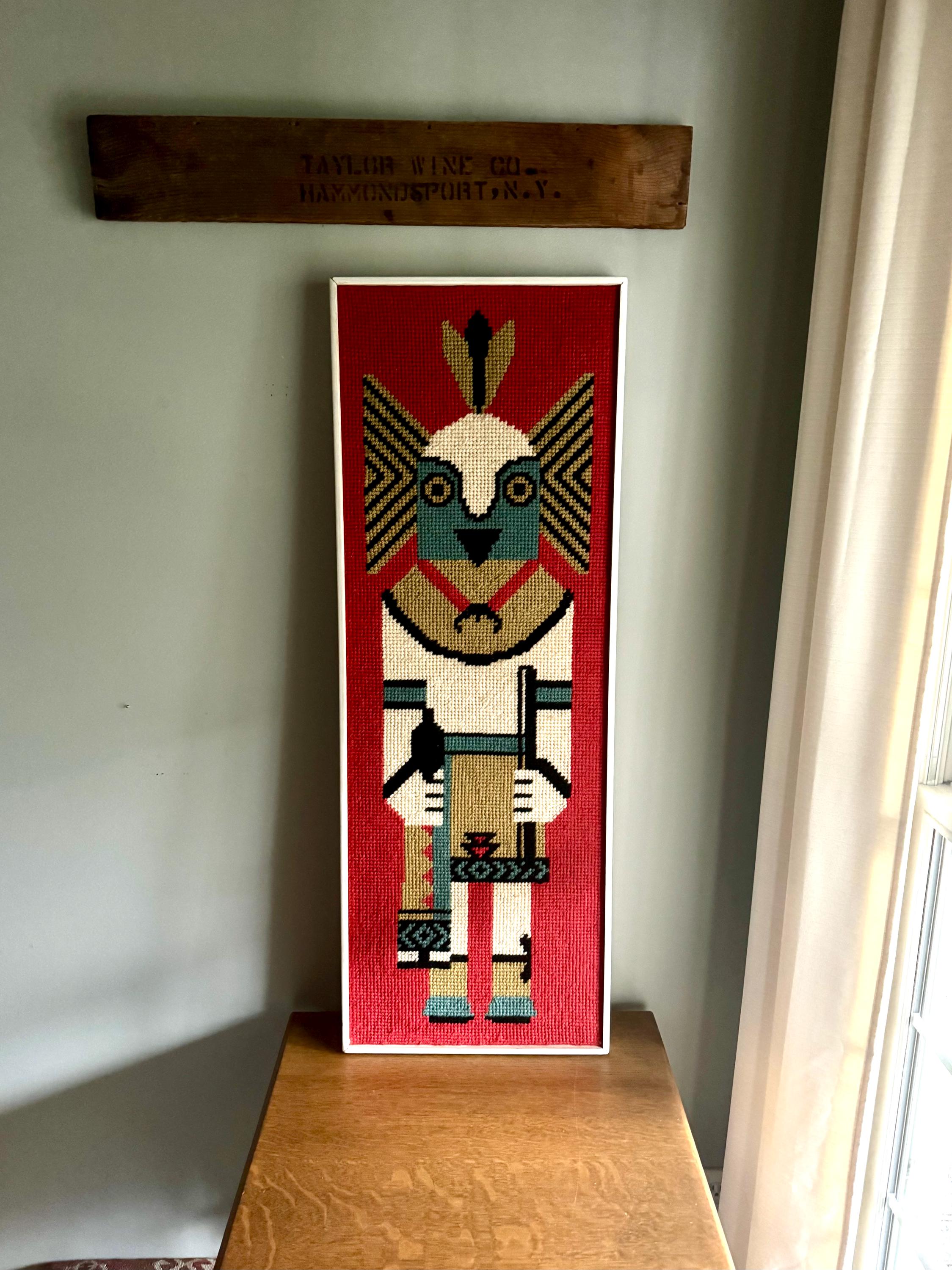 Vtg Framed Kachina Hook Rug | Native Kachina Rug In Frame | Pueblo Kachina Framed Hook Rug 42" x 15"