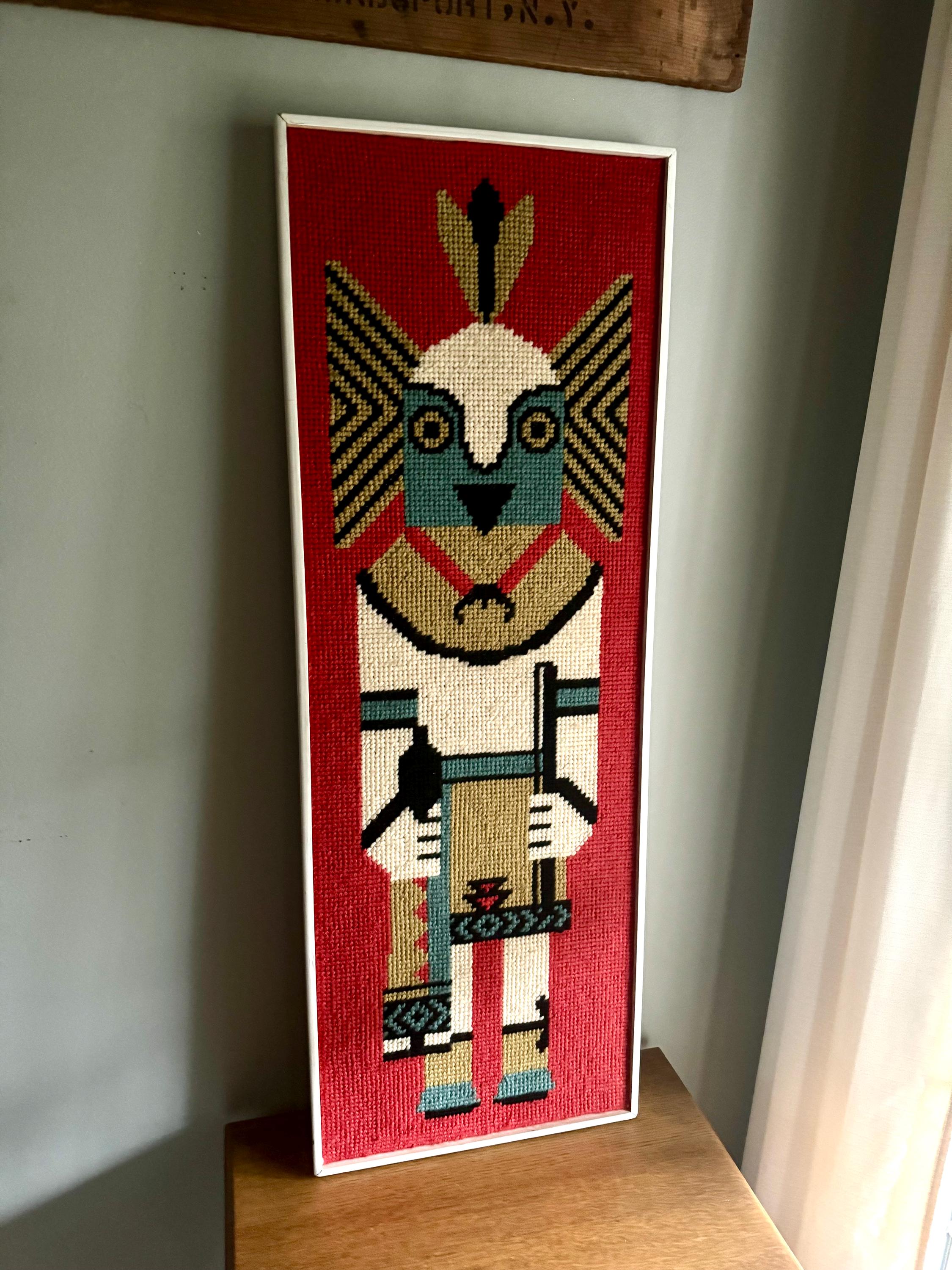 Vtg Framed Kachina Hook Rug | Native Kachina Rug In Frame | Pueblo Kachina Framed Hook Rug 42" x 15"