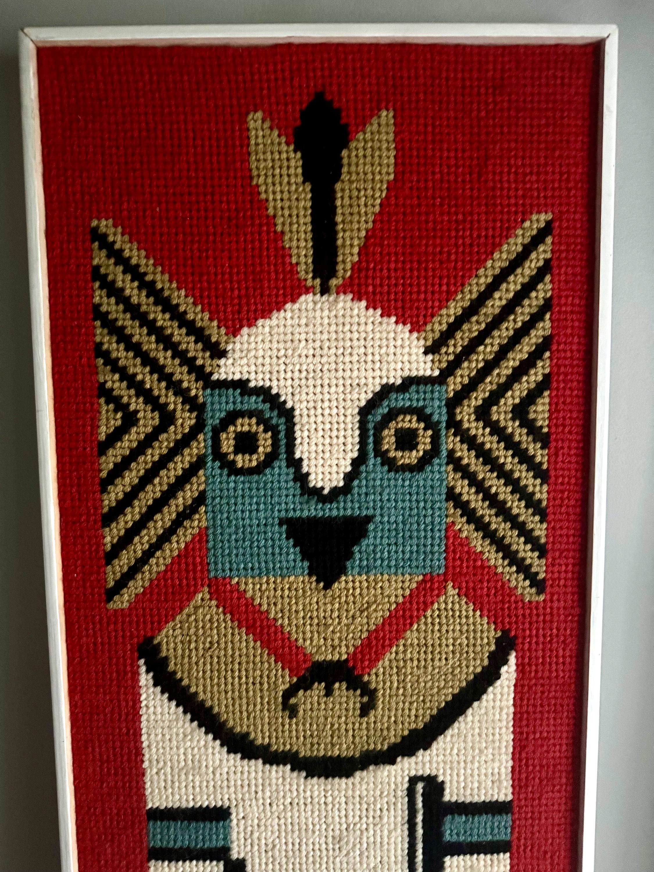 Vtg Framed Kachina Hook Rug | Native Kachina Rug In Frame | Pueblo Kachina Framed Hook Rug 42" x 15"