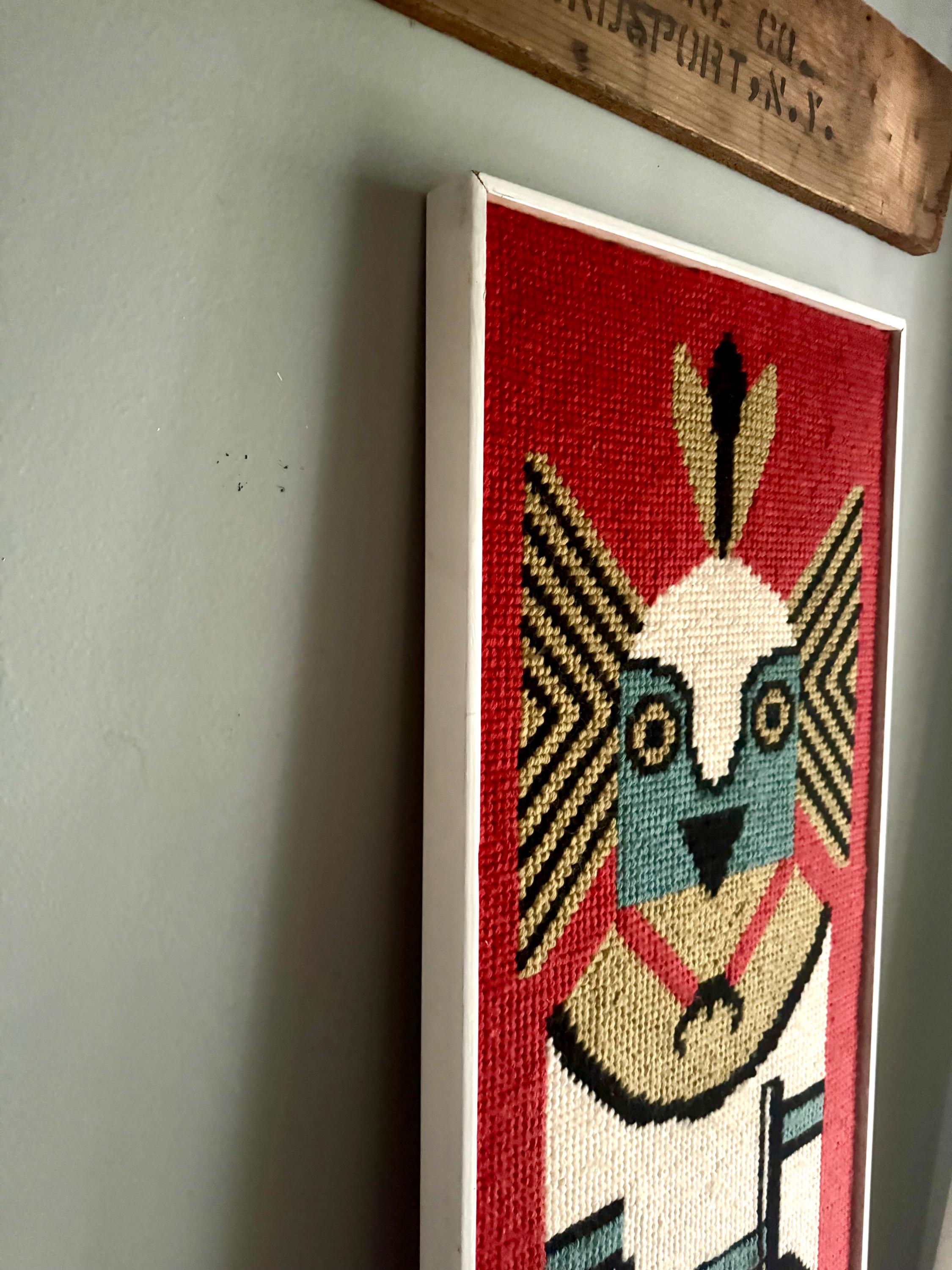 Vtg Framed Kachina Hook Rug | Native Kachina Rug In Frame | Pueblo Kachina Framed Hook Rug 42" x 15"