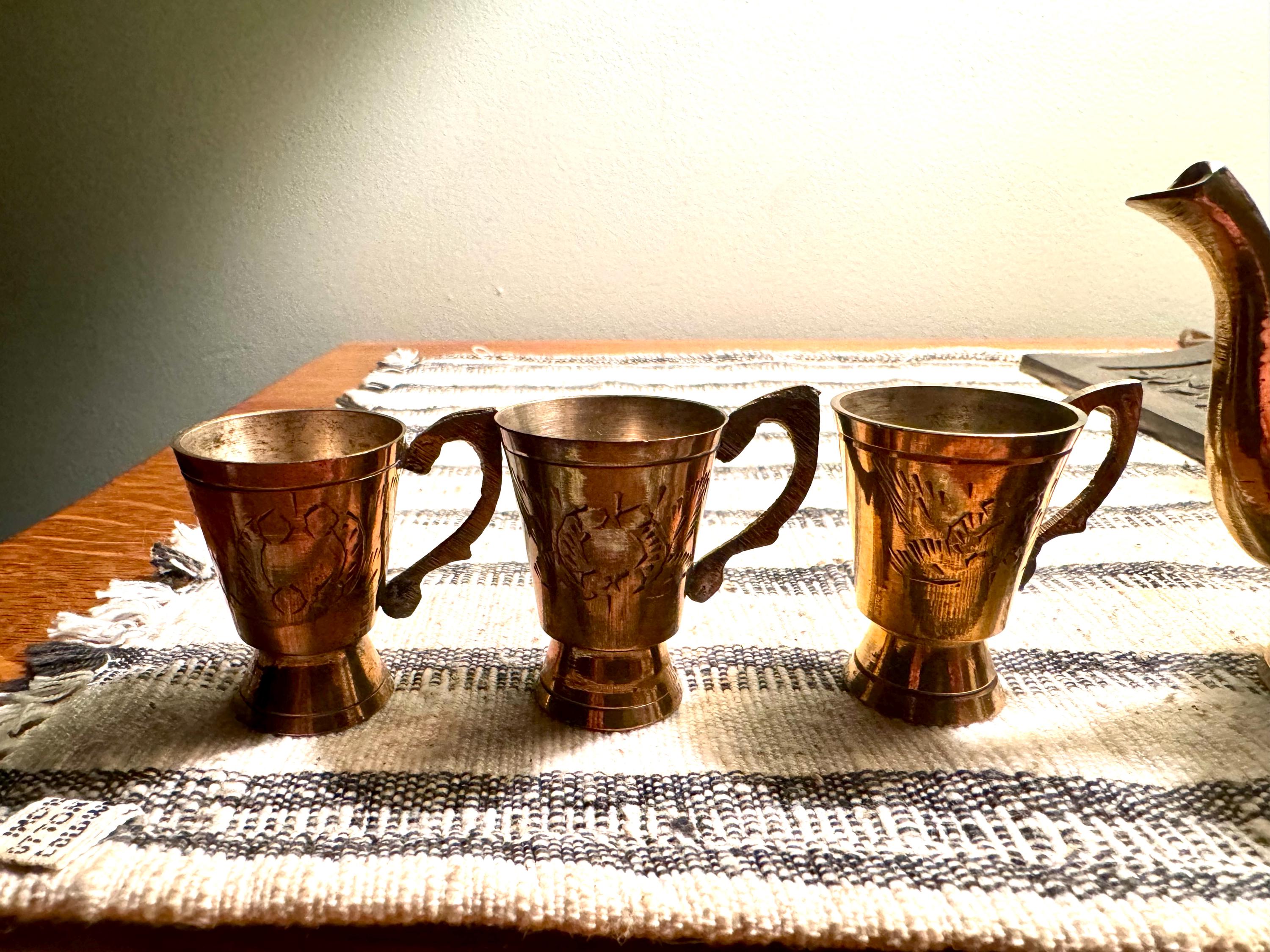 Vtg India Brass Tea Set with Tray| Engraved Brass Tea Set| Small India Wine Serving Set| Turkish Brass Coffee Set | Middle Eastern Decor