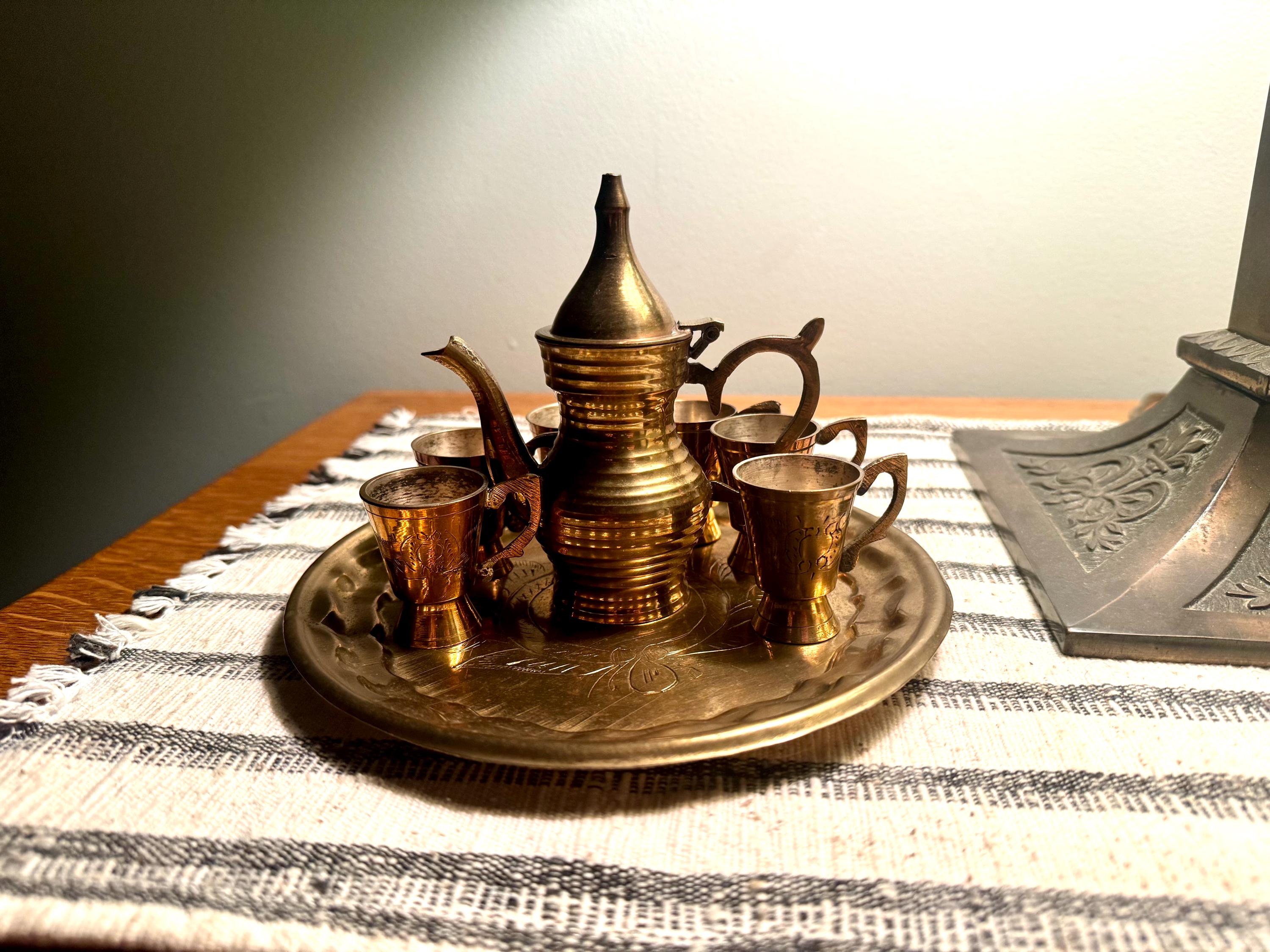 Vtg India Brass Tea Set with Tray| Engraved Brass Tea Set| Small India Wine Serving Set| Turkish Brass Coffee Set | Middle Eastern Decor