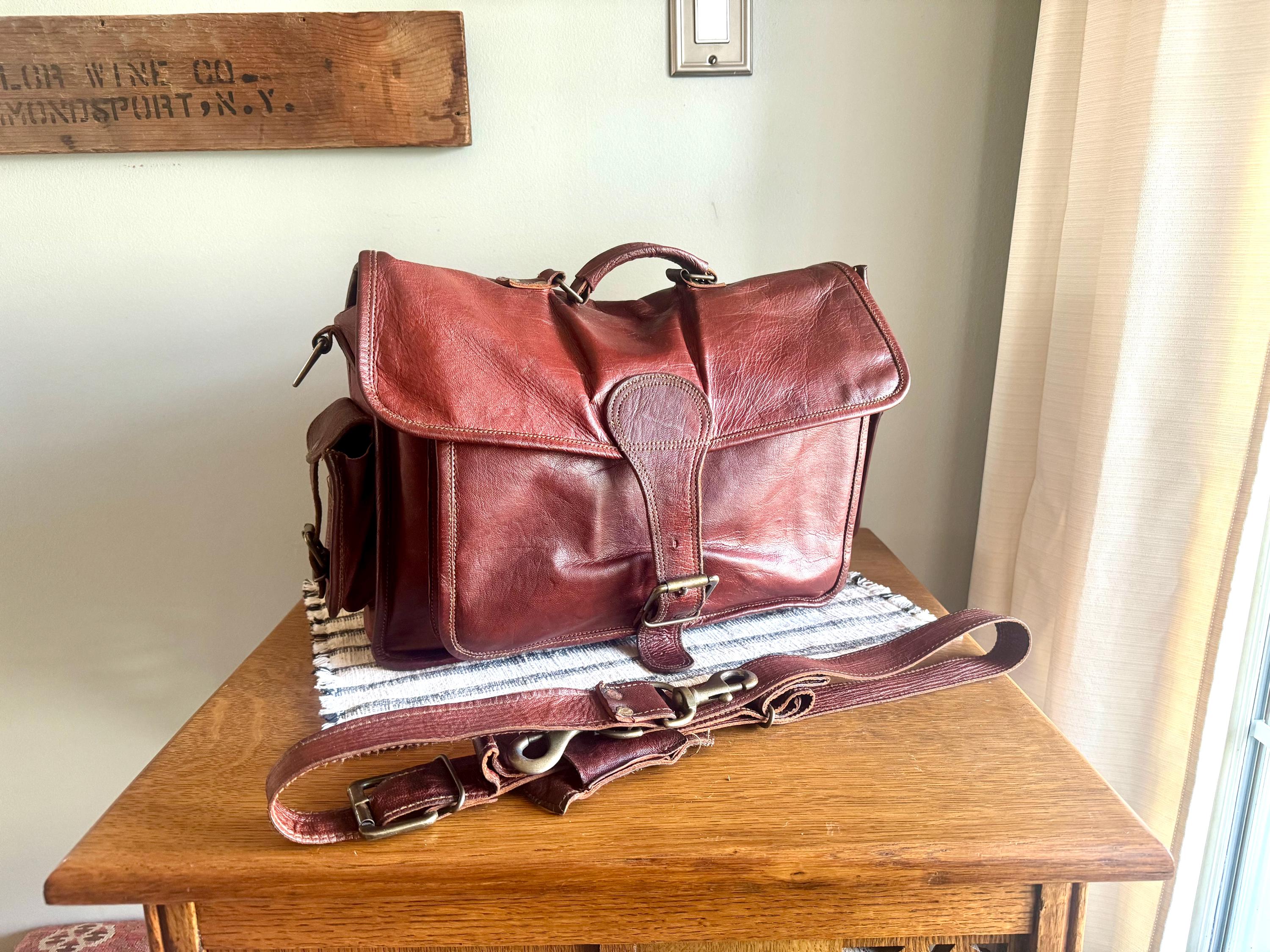 Vtg Genuine Leather Briefcase | Burgundy Colored Leather Messenger Bag | Unisex Shoulder Bag | Cross Body Travel Bag| Rustic Leather Bag